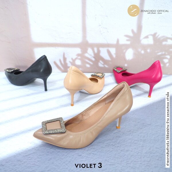 ทรงปกติ เปลี่ยนไซส์ได้-ไม่รับคืน Zenachoo รุ่น Violet3 สูง 3 นิ้ว รองเท้าหนังแกะแท้ หน้ากว้างไม่บ...