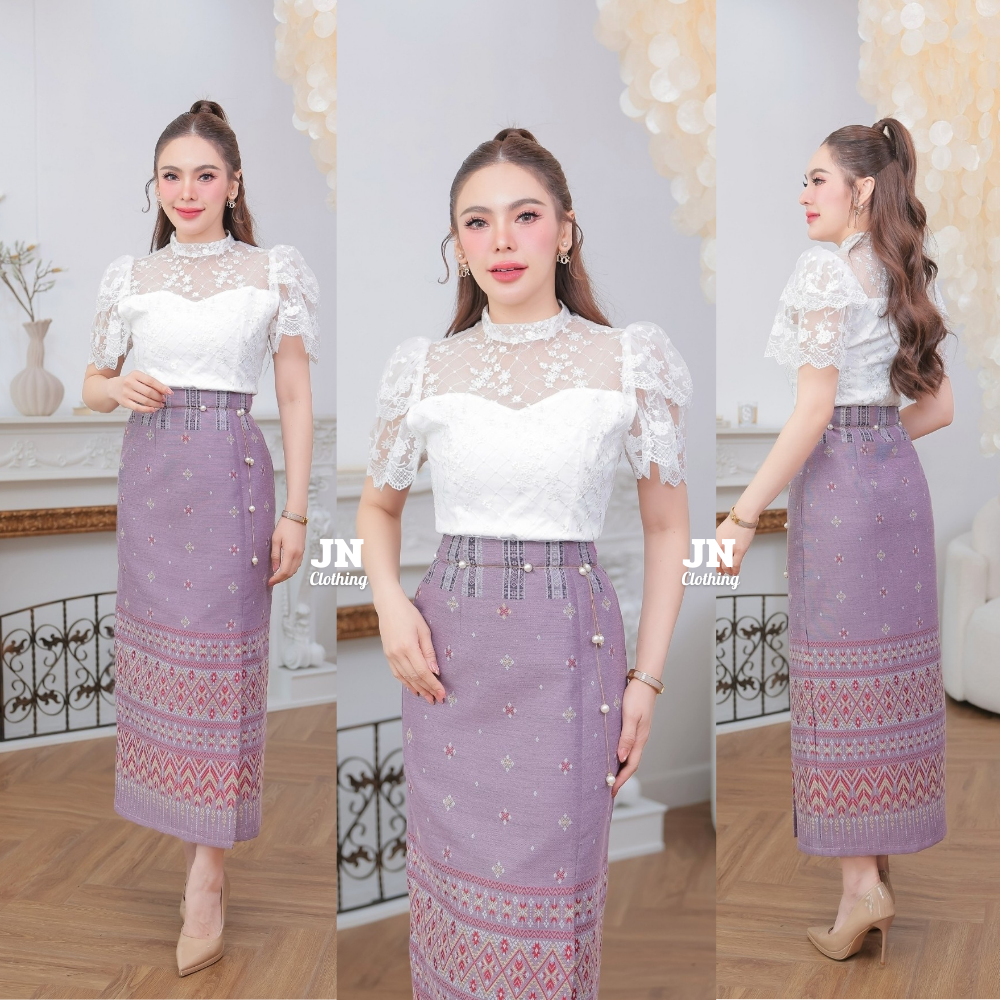 ชุดไปวัด Set เสื้อลูกไม้นอก + ผ้าถุงสำเร็จ สีชมพูกะปิ ❌ไม่แถมเข็มขัด❌ แมทกับอะไรก็สวย สง่ามากๆ