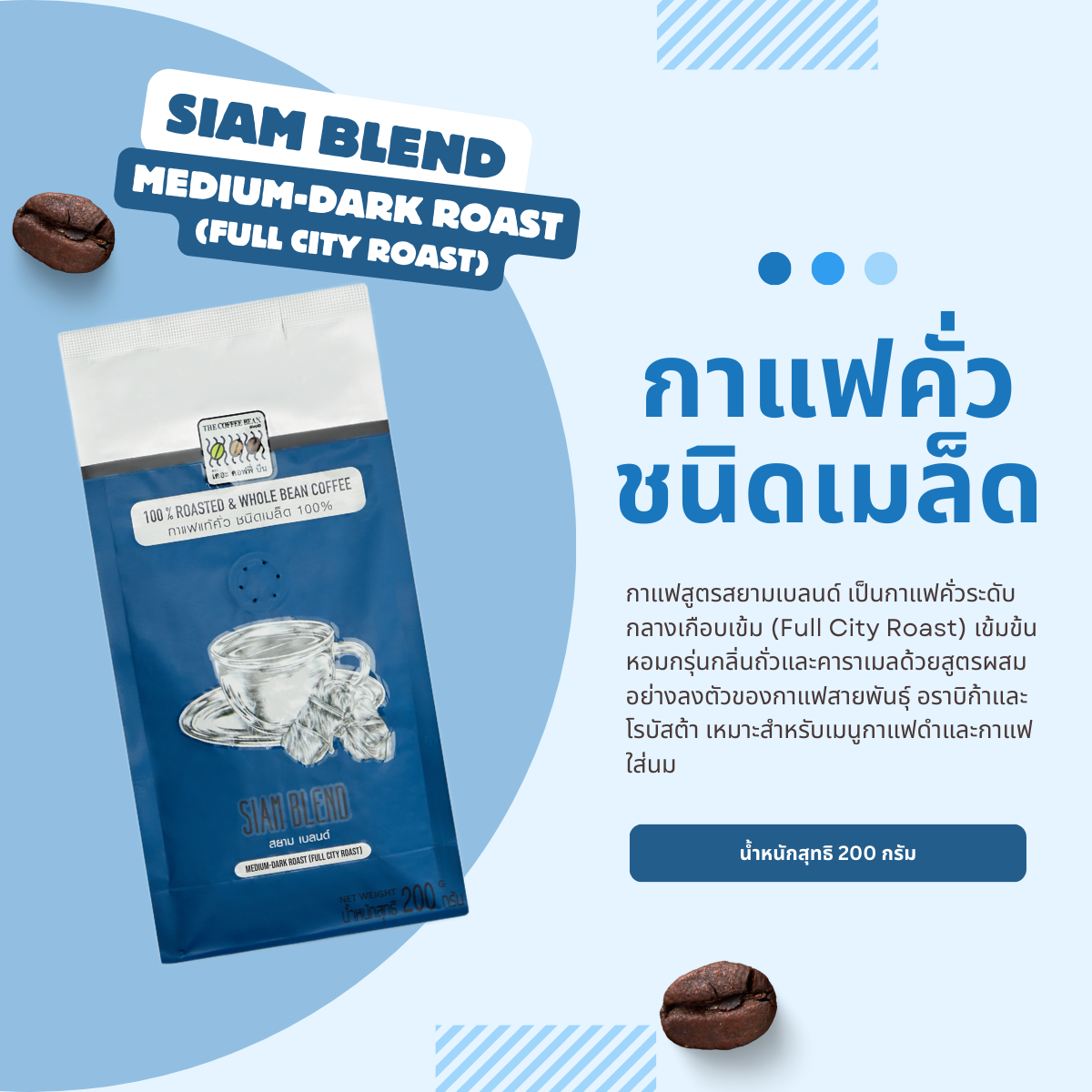 เมล็ดกาแฟ สยามเบลนด์ คั่วกลางเกือบเข้ม 200 กรัม