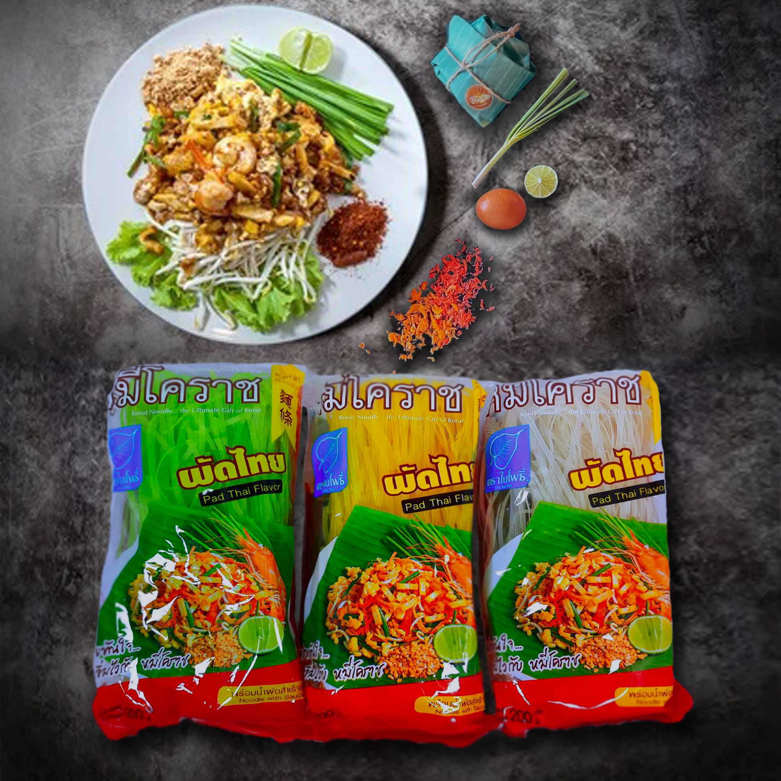 เส้นหมี่ผัดไทยโคราชพร้อมน้ำผัด สำเร็จรูป ตราใบโพธิ์  แพ็ค 3