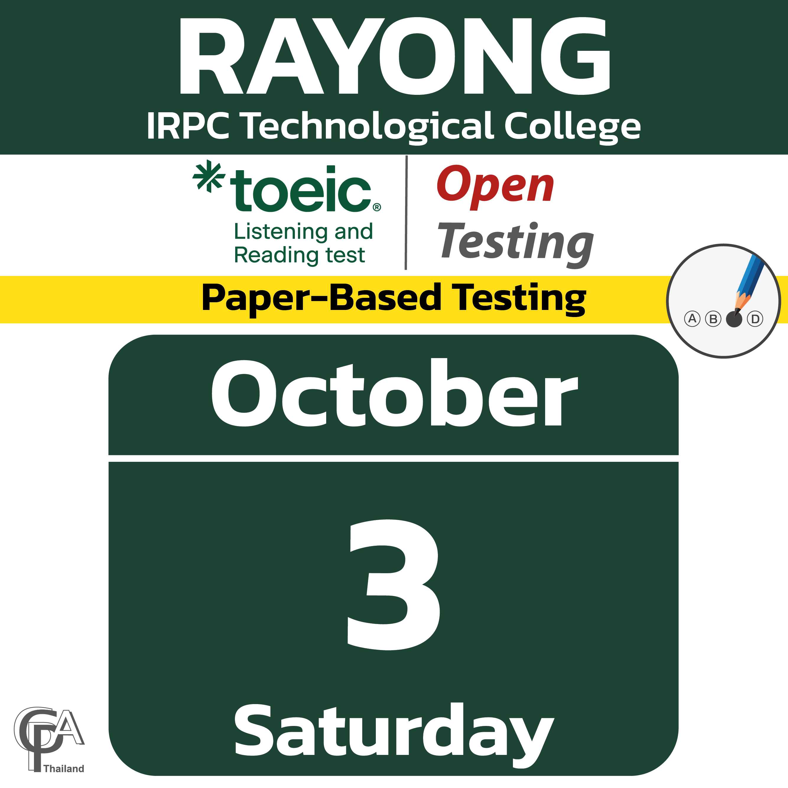 TOEIC Open Testing (Rayong) on Sat, October 3, 2026 @IRPC Technological College