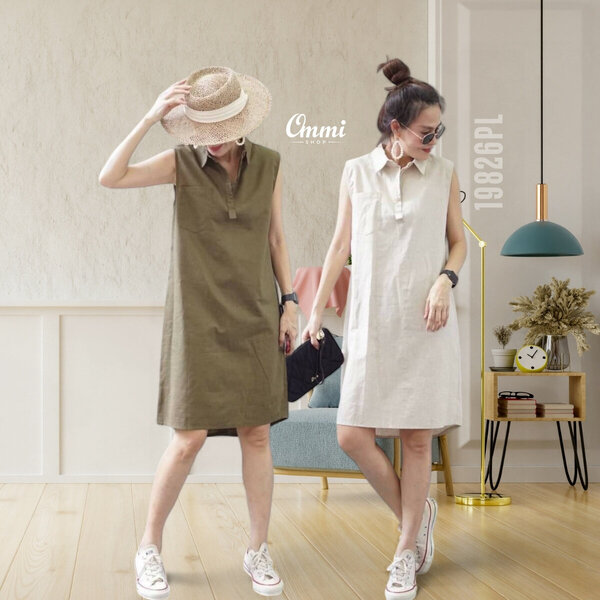 Ommishop 19826PL ชุดเดรสแฟชั่น ผ้าลินิน ปกเชิ้ตแต่งกระดุมหลัง (PUP)[19826]