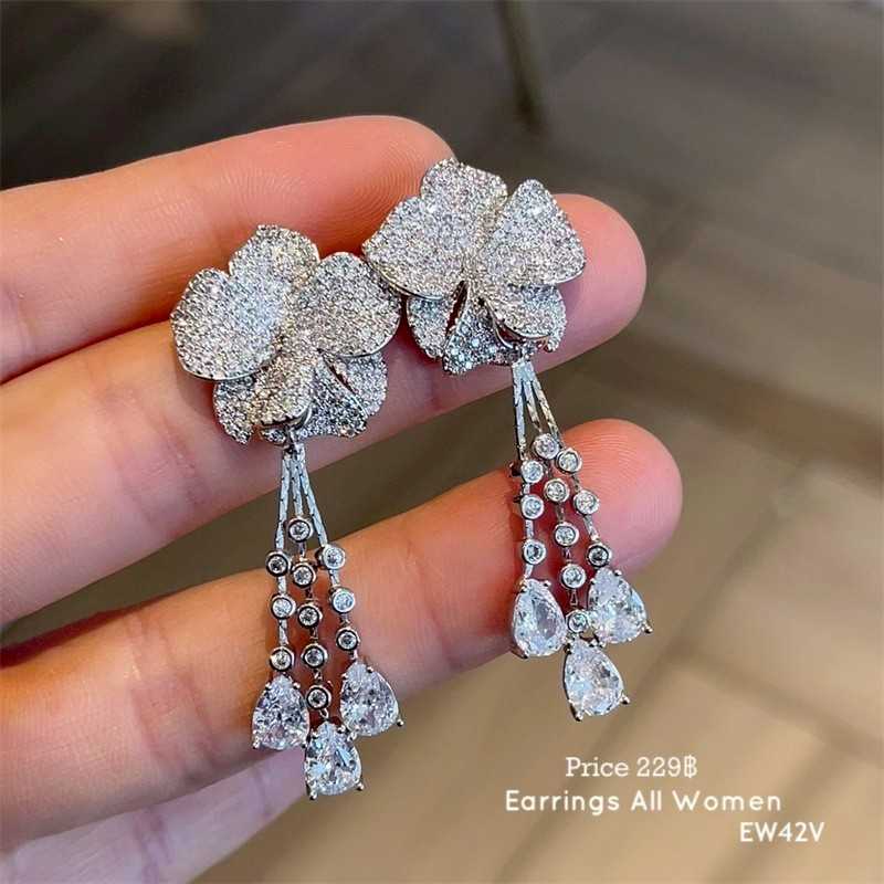 EW42V ต่างหูดอกไม้ระย้า เครื่องประดับผู้หญิง ต่างหูออกงาน เงิน 925