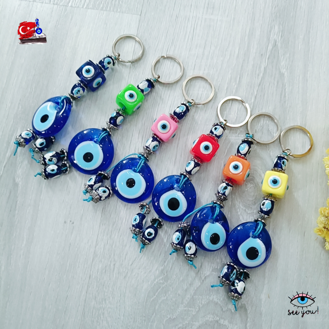 พวงกุญแจ Evil Eye แก้วสีฟ้าของแท้จากตุรกี  เสริมโชคลาภ ปกป้องจากสิ่งไม่ดี ใช้ห้อยกระเป๋า กุญแจรถ