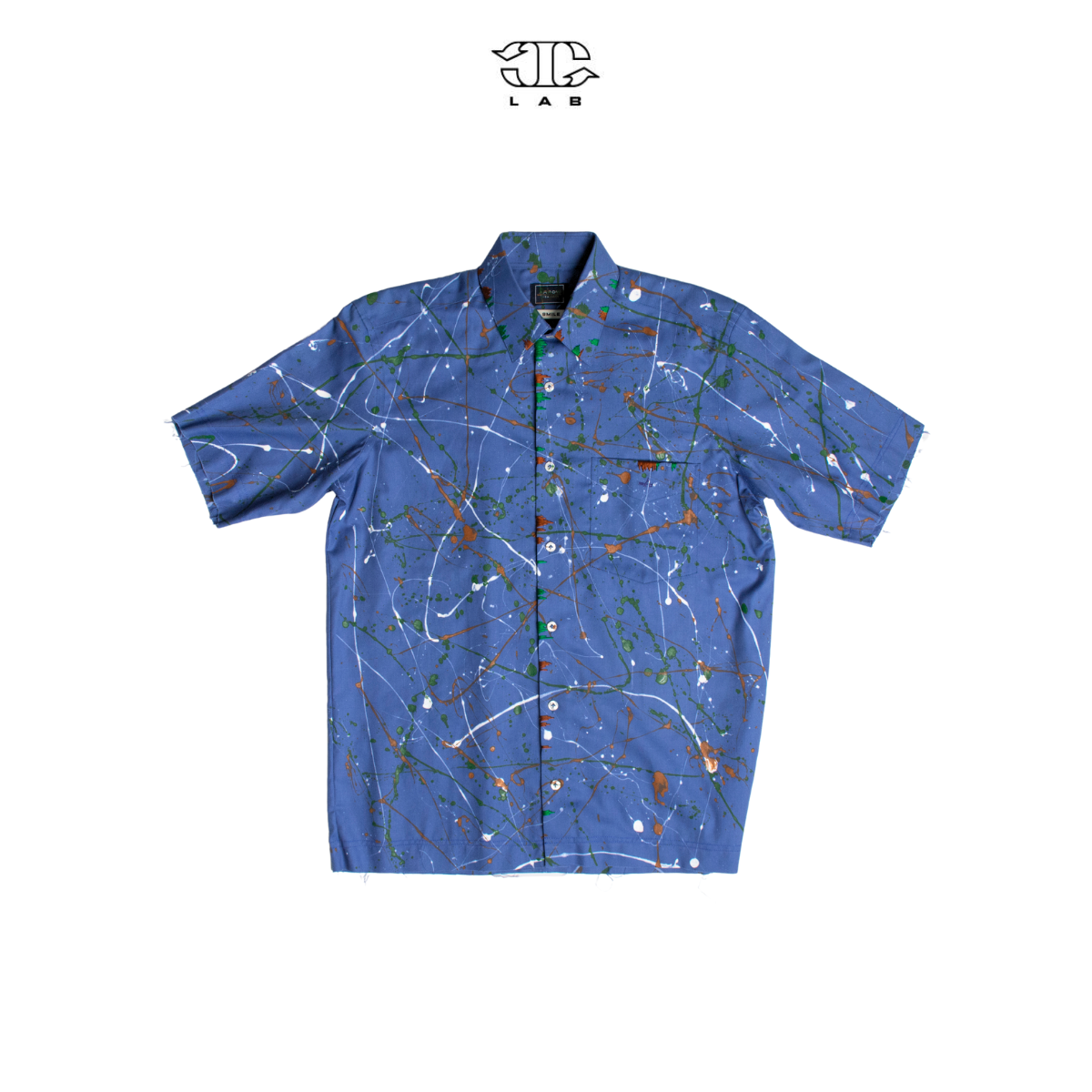 'Kate C' Shortsleeve paint splatter shirt with hand embroidery (Blue)