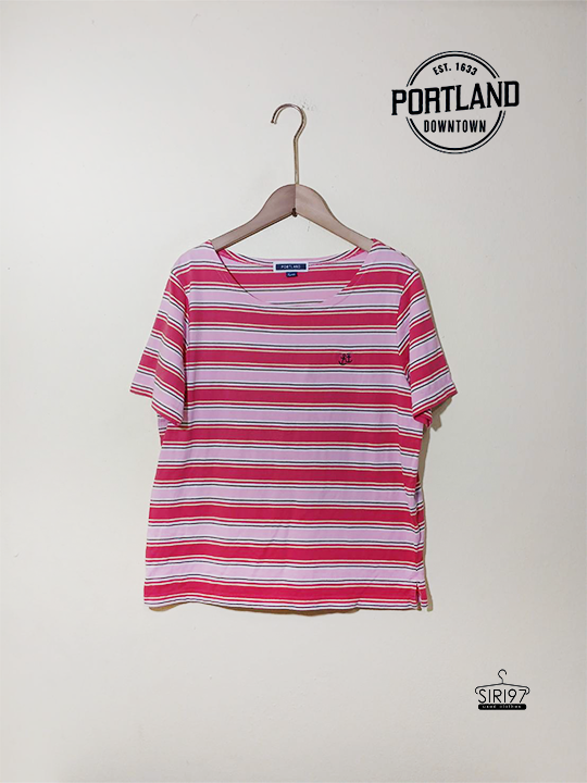 เสื้อยืดคอกลมแขนสั้น Portland ลายทาง สีชมพูเข้มชมพูอ่อนขาวสภาพ 80%
