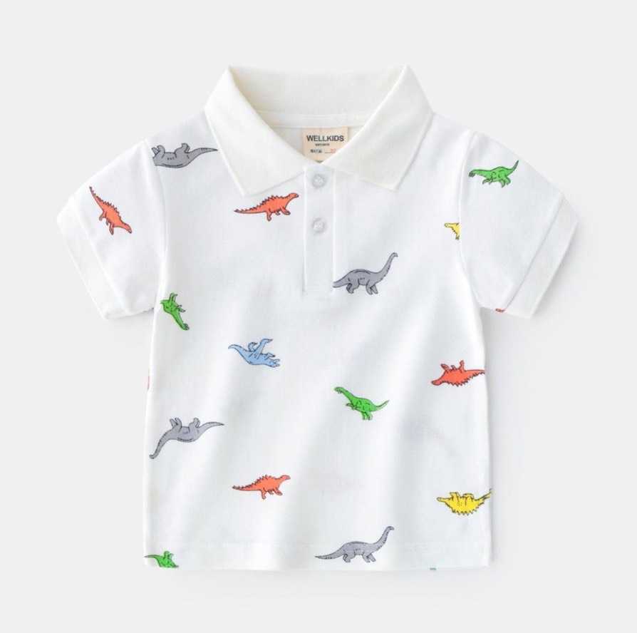 เสื้อโปโลสีขาว ลายไดโนเสาร์ - Size110
