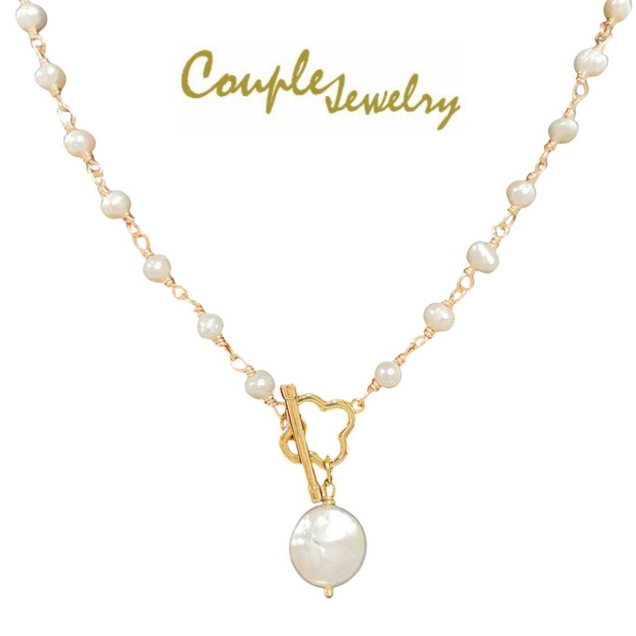 Couple Jewelry สร้อยคอมุกบาร็อคทรงกลมแบน สายประดับมุก 4มิล