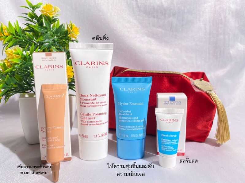 clarins set เครื่องสำอาง+กระเป๋าแดง  4x1