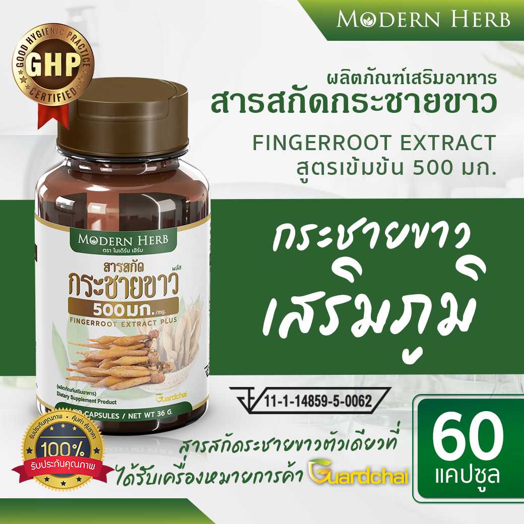 กระชายขาว พลัส 500 มก. ตรา Modern Herb ของแท้ สูตรเข้มข้น  มาตราฐาน GMP ISO มี อย. รับรอง