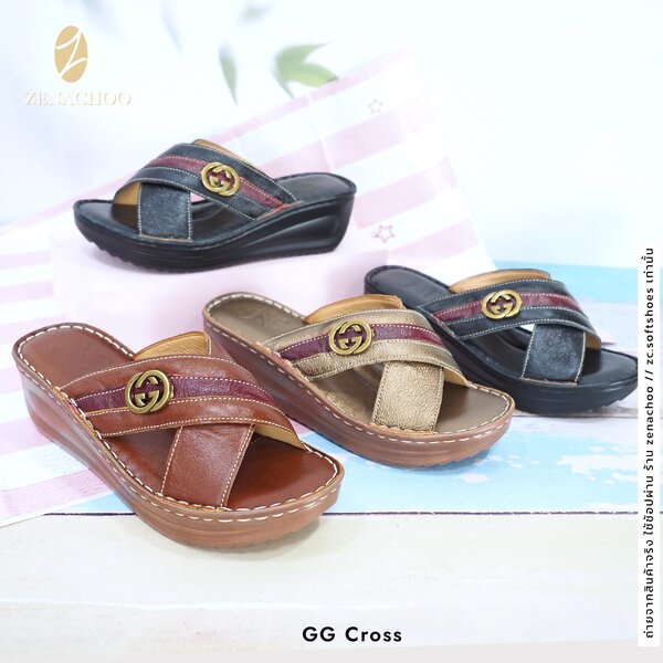 ทรงปกติ เปลี่ยนไซส์ได้-ไม่รับคืน Zenachoo รุ่น Gg Cross สูง 2 นิ้ว รองเท้าสุขภาพ หนังแท้ 100% นิ่...