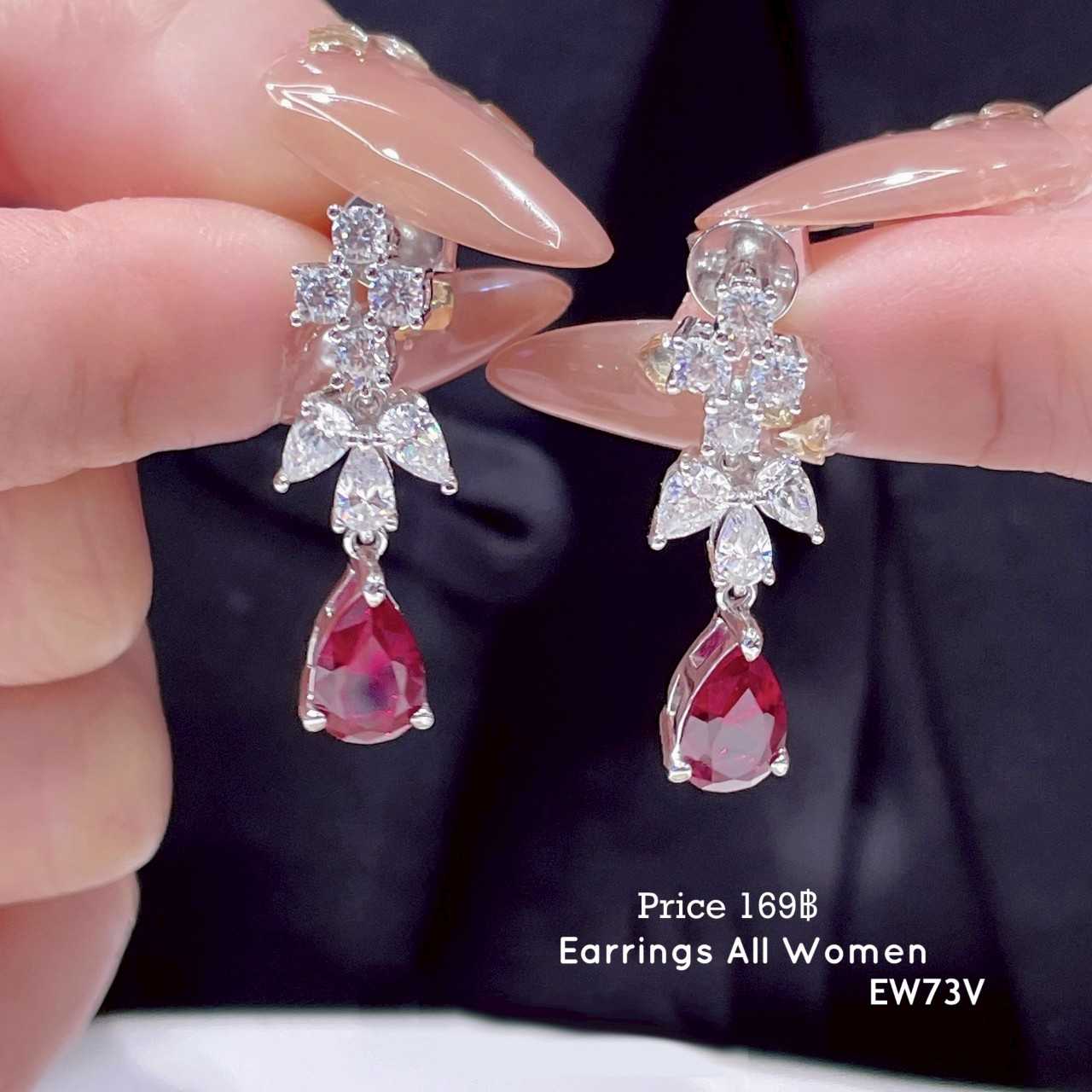 EW73V ต่างหูระย้า สีน้ำเงิน สีแดง   เงิน 925