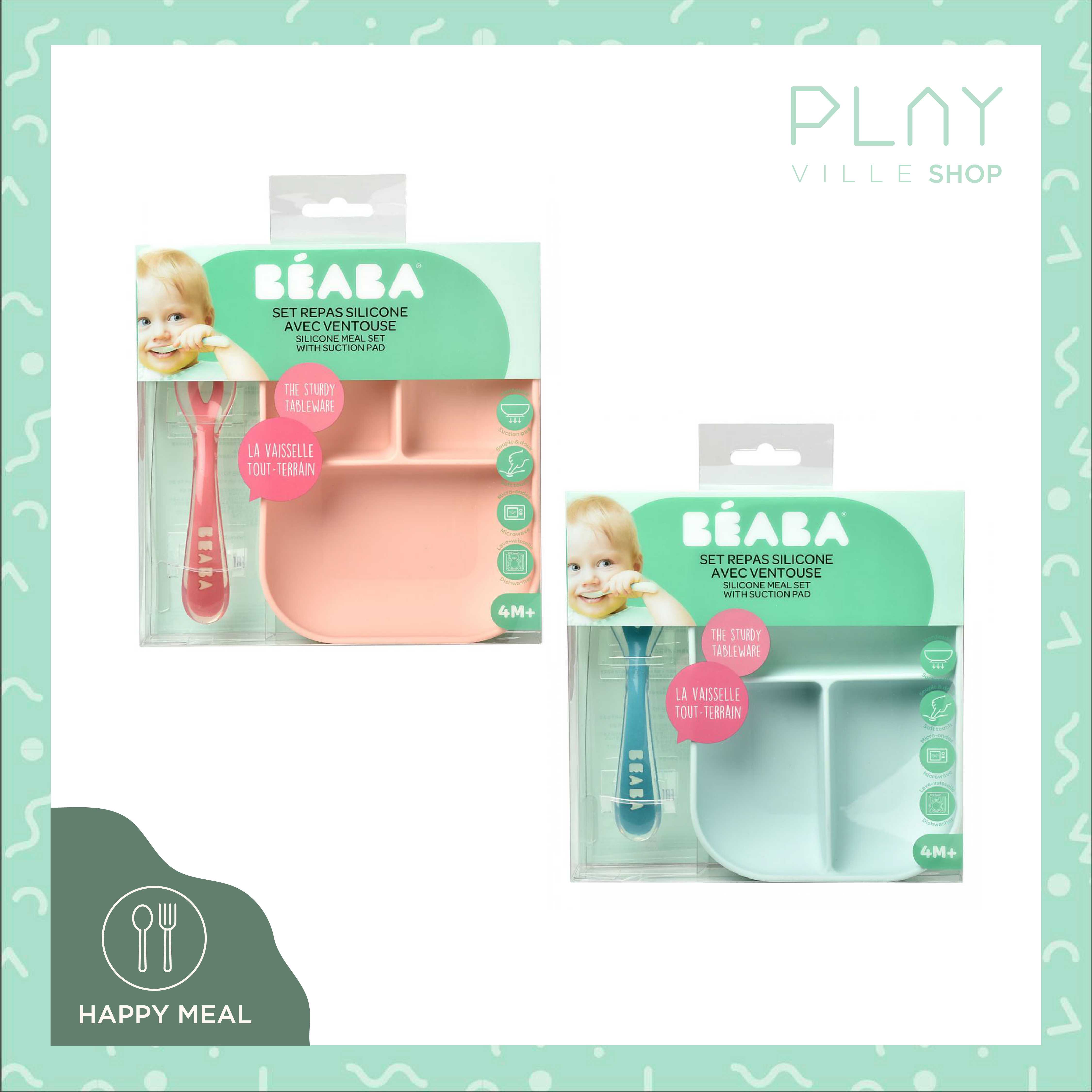 BEABA : Silicone suction divided plate with spoon