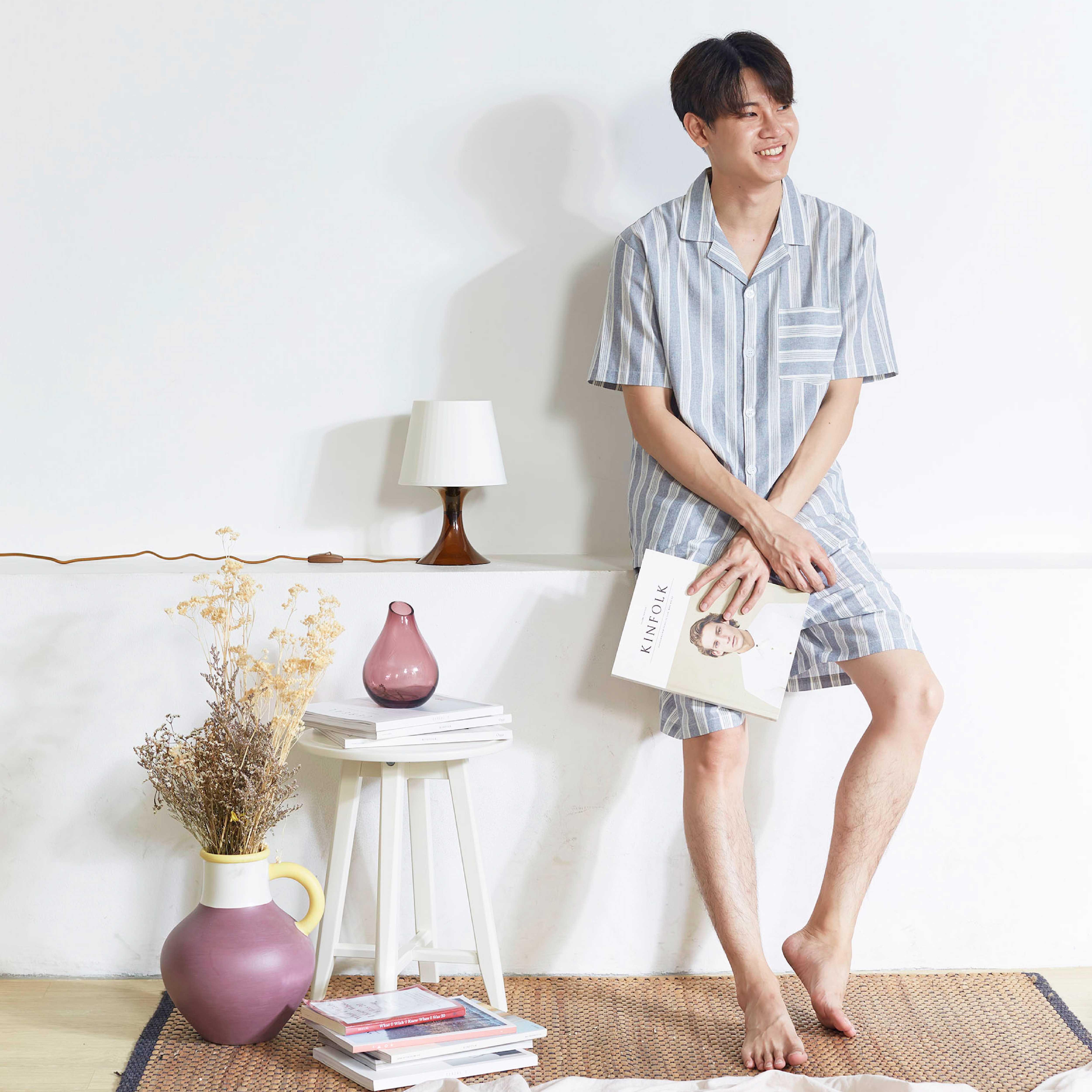 ชุดนอน in.house unisex แขนสั้นขาสั้น แบบลาย ผ้าลินิน