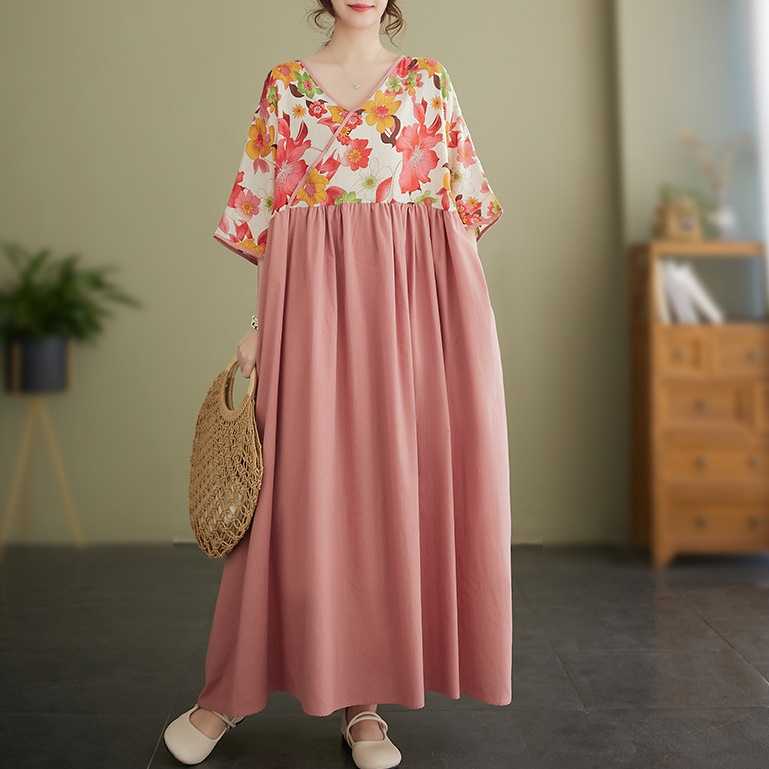 (ไซส์ใหญ่) เดรสยาวทรง oversize ลายดอกไม้โทนสีชมพูส้มสวยงามมากๆ  ผ้าไม่บาง