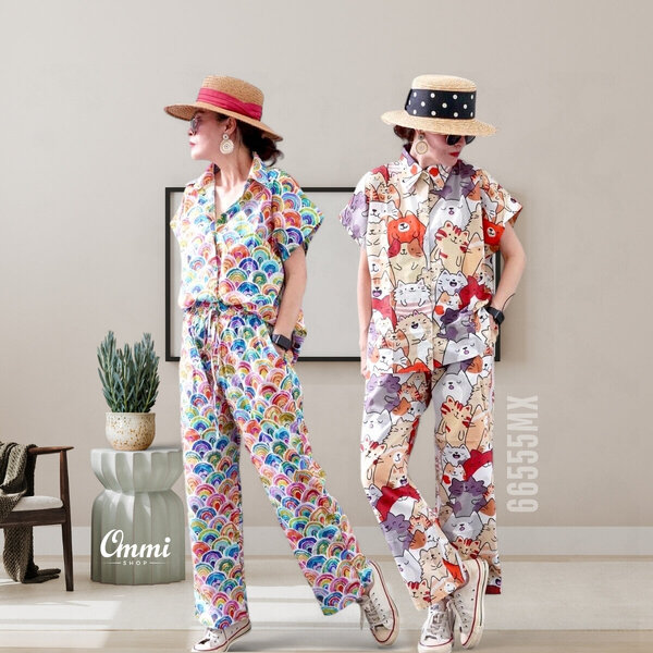 Ommishop 66555MX ชุดเซ็ท เสื้อแขนสั้นคอปก และกางเกงขายาว ลายกราฟฟิค Cotton Japan 100% (Bonus)[66555]
