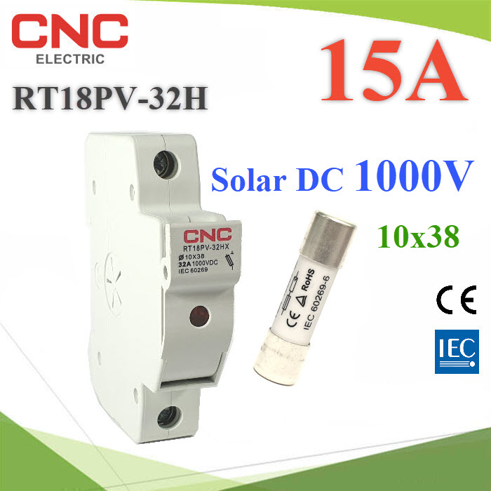 ฟิวส์ 15A โซลาร์เซลล์ 10x38 DC 1000V พร้อมฐาน