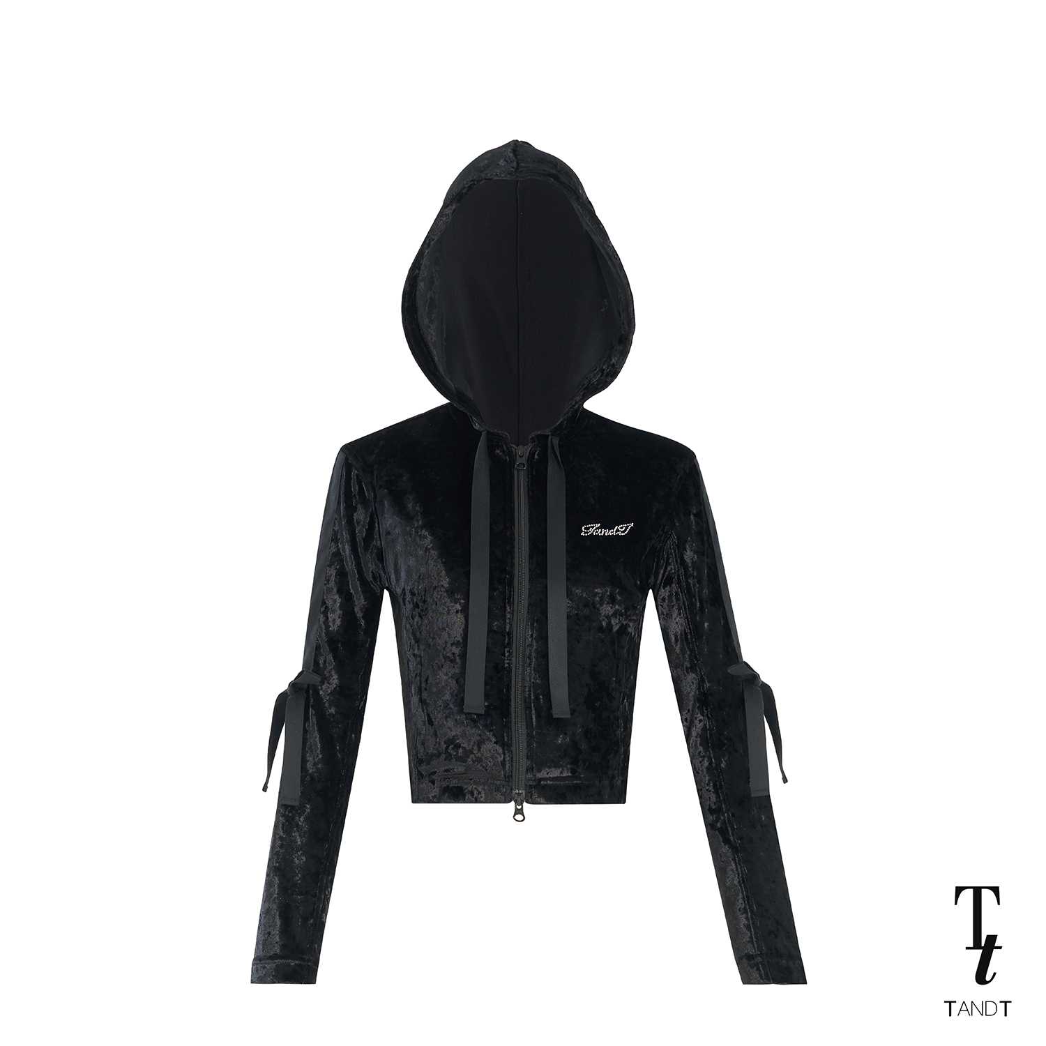 TandT - OLIVER BLACK JACKET - CRYSTAL EMBELLISHED LONG SLEEVE VELVET HOODED JACKET