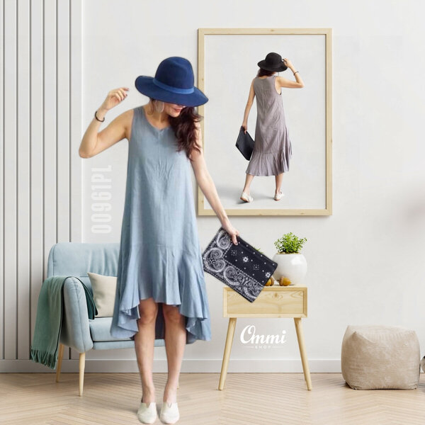 Ommishop 00961PL ชุดเดรสแฟชั่น ผ้าลินินผสมฝ้าย แขนกุด แต่งระบายย้วย ทรงหน้าสั้นหลังยาว (PUP)[00961]