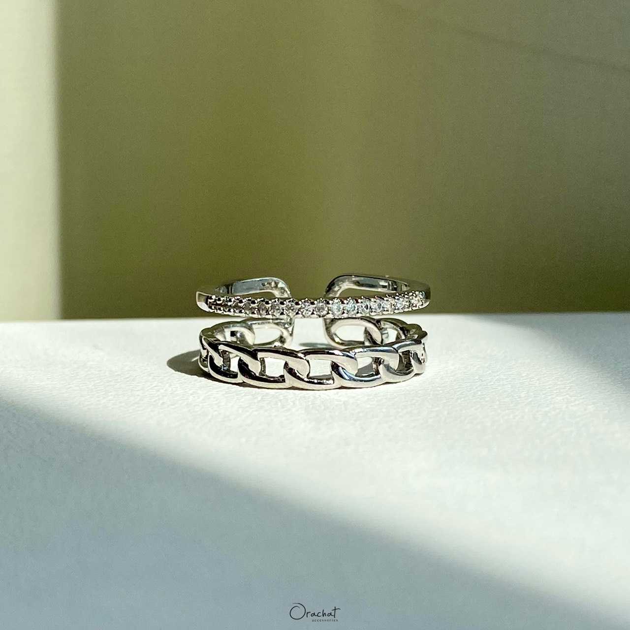 (ส่งฟรี) Double chain blink ring. (แหวน 2 ชั้น ลายโซ่ งานชุบทองคำขาว เพชร CZ)