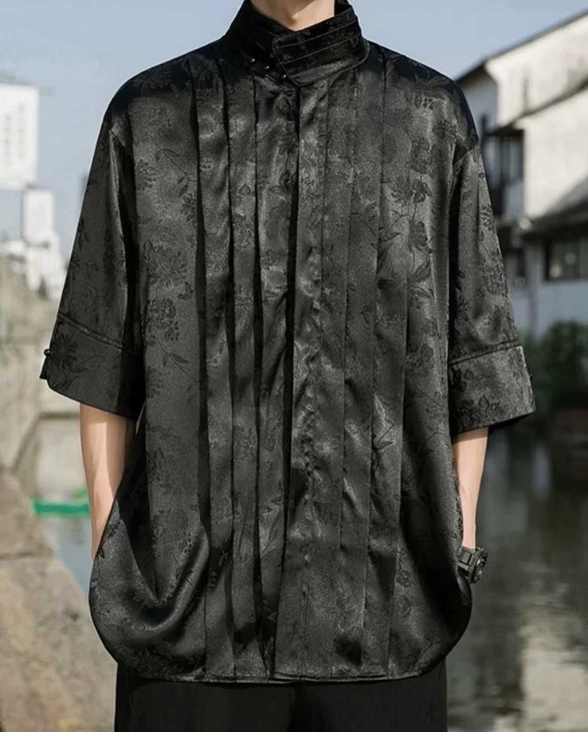 พร้อมส่ง ASAYAHOMME 541 Textured Floral Mandarin Collar Shirt ไซซ์ 3XL