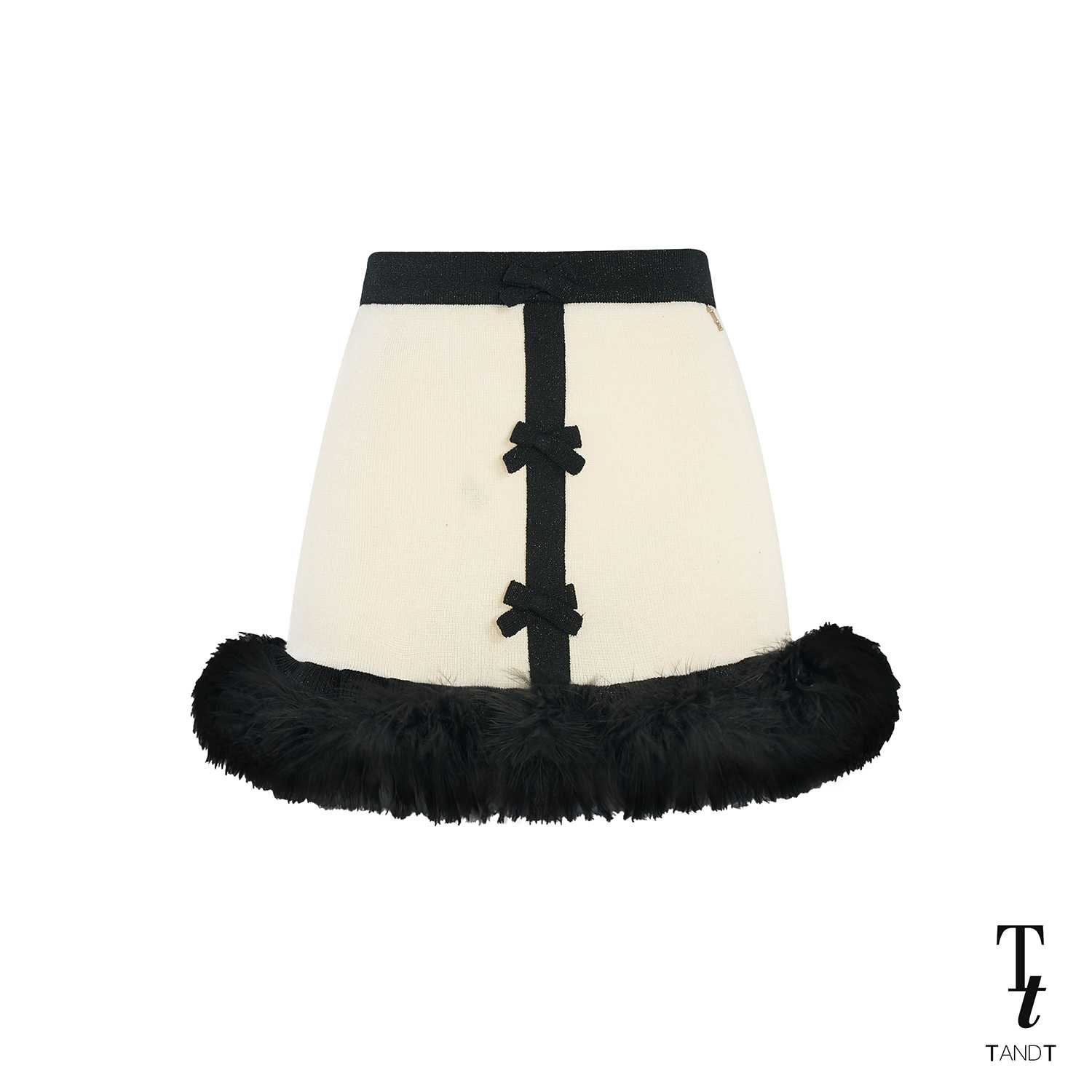 TandT - PALOMA WHITE AND BLACK SKIRT - TWO-TONE BOW AND FEATHER TRIMMED BODYCON KNITTED MINI SKIRT