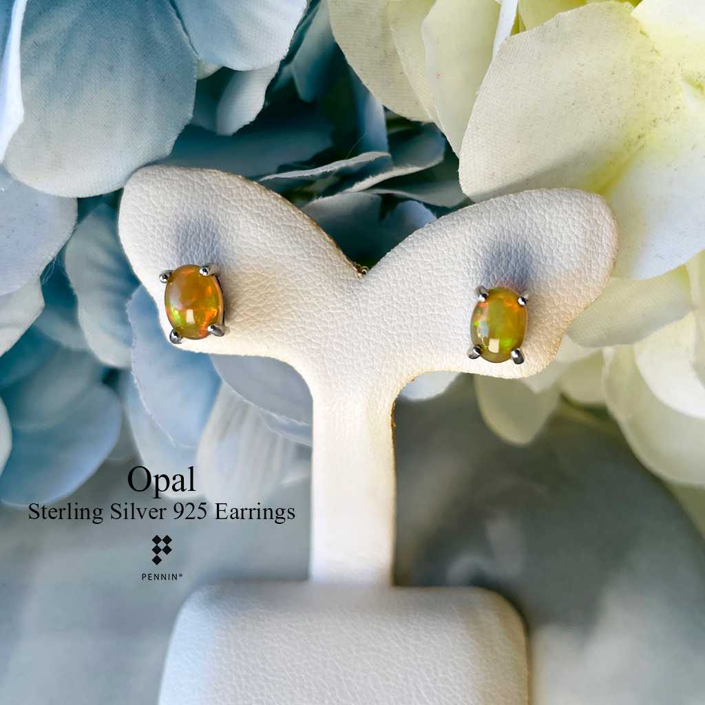 E12432O ต่างหูโอปอล 7x5mm ส้มอมเหลือง ประกายรุ้ง ฝังหนามเตย สามารถใส่ได้ทุกโอกาส