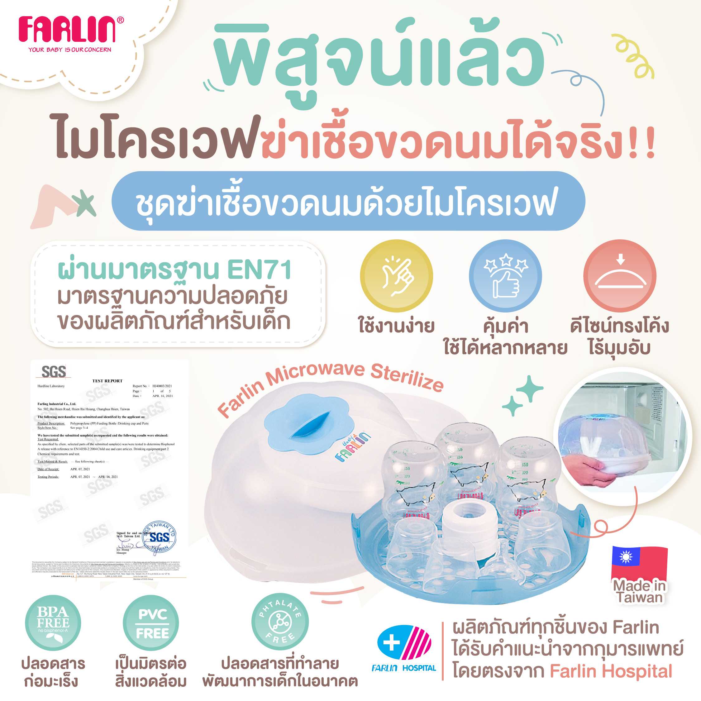 (มาตรฐาน EN71) Farlin ชุดฆ่าเชื้อขวดนมด้วยไมโครเวฟ ง่าย เร็ว ฆ่าเชื้อได้เพียง 4-7 นาที! 1 ชิ้น