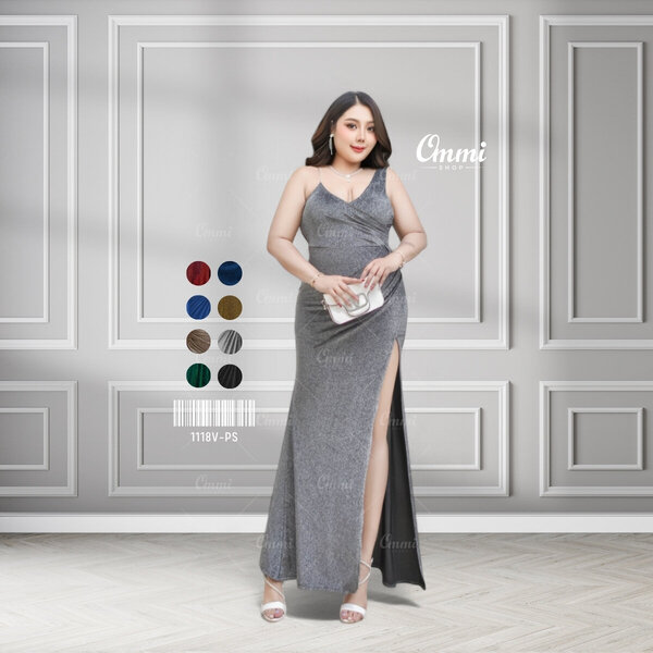Ommishop ชุดราตรี 1118V-PS สายเดี่ยว วีจิก ผ้า Glitter เดรสออกงาน ชุดงานแต่ง เพื่อนเจ้าสาว เดรสสา...