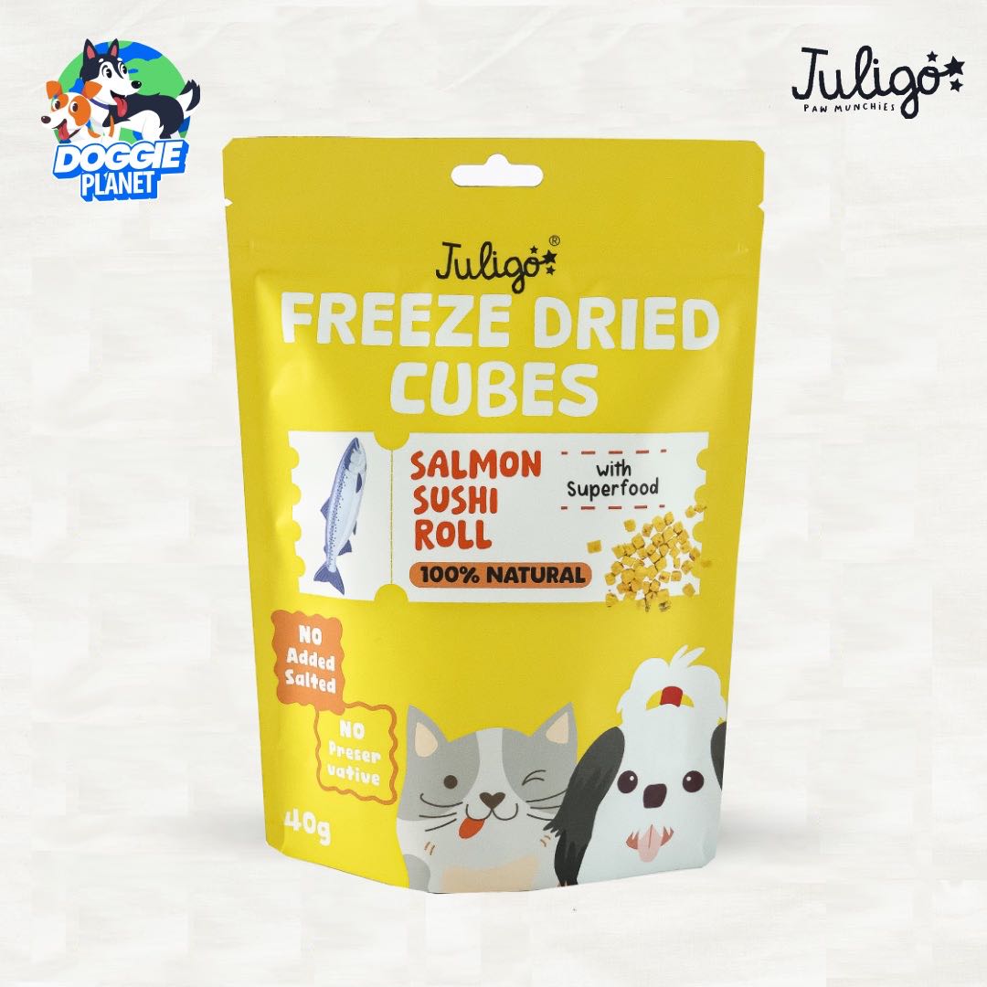 Juligo ฟรีซดรายสุนัข แมว Salmon Sushi Roll ขนมแซลมอนผสมสาหร่ายโนริ บำรุงขนและสมอง 40 g