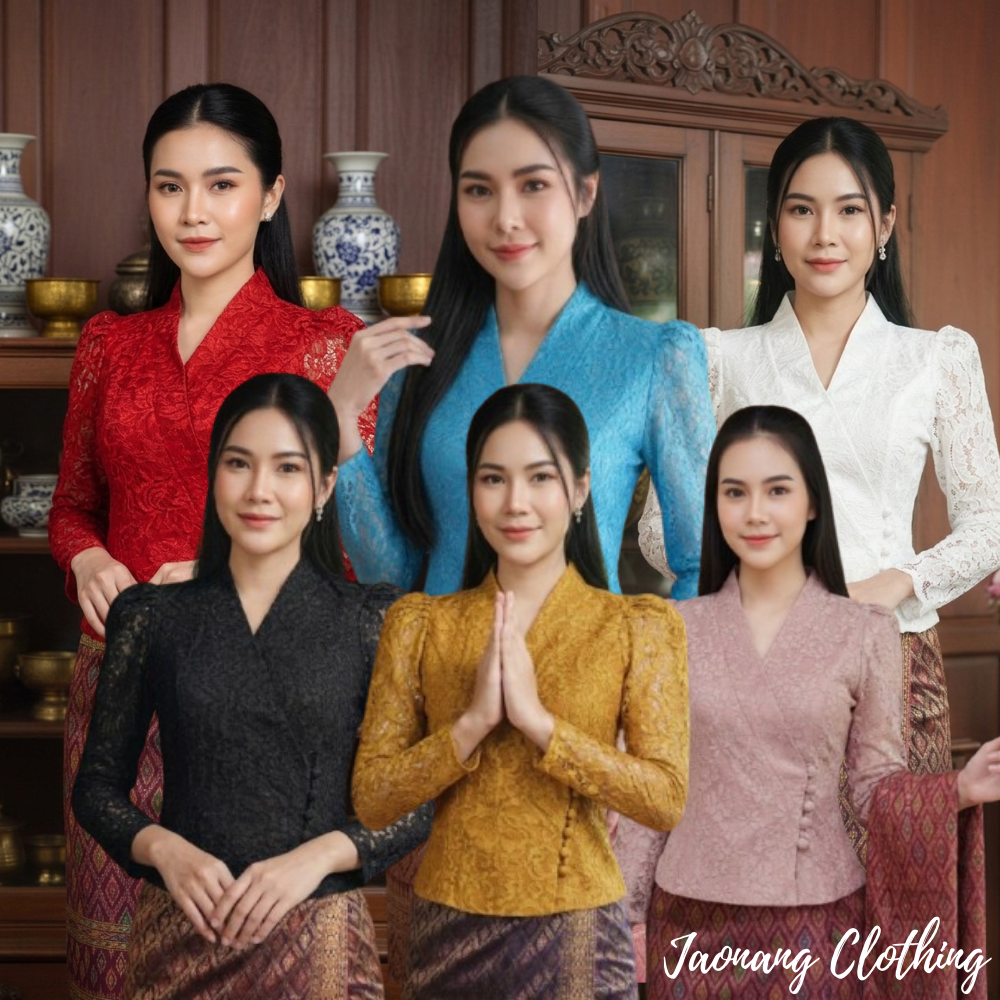 เสื้อลูกไม้ แขนยาว เสื้อลูกไม้เบลล่า  คอวี กระดุมป้าย แพทเทิร์นเข้ารูป ทรงสวย ใส่กับผ้าถุง สวยมาก