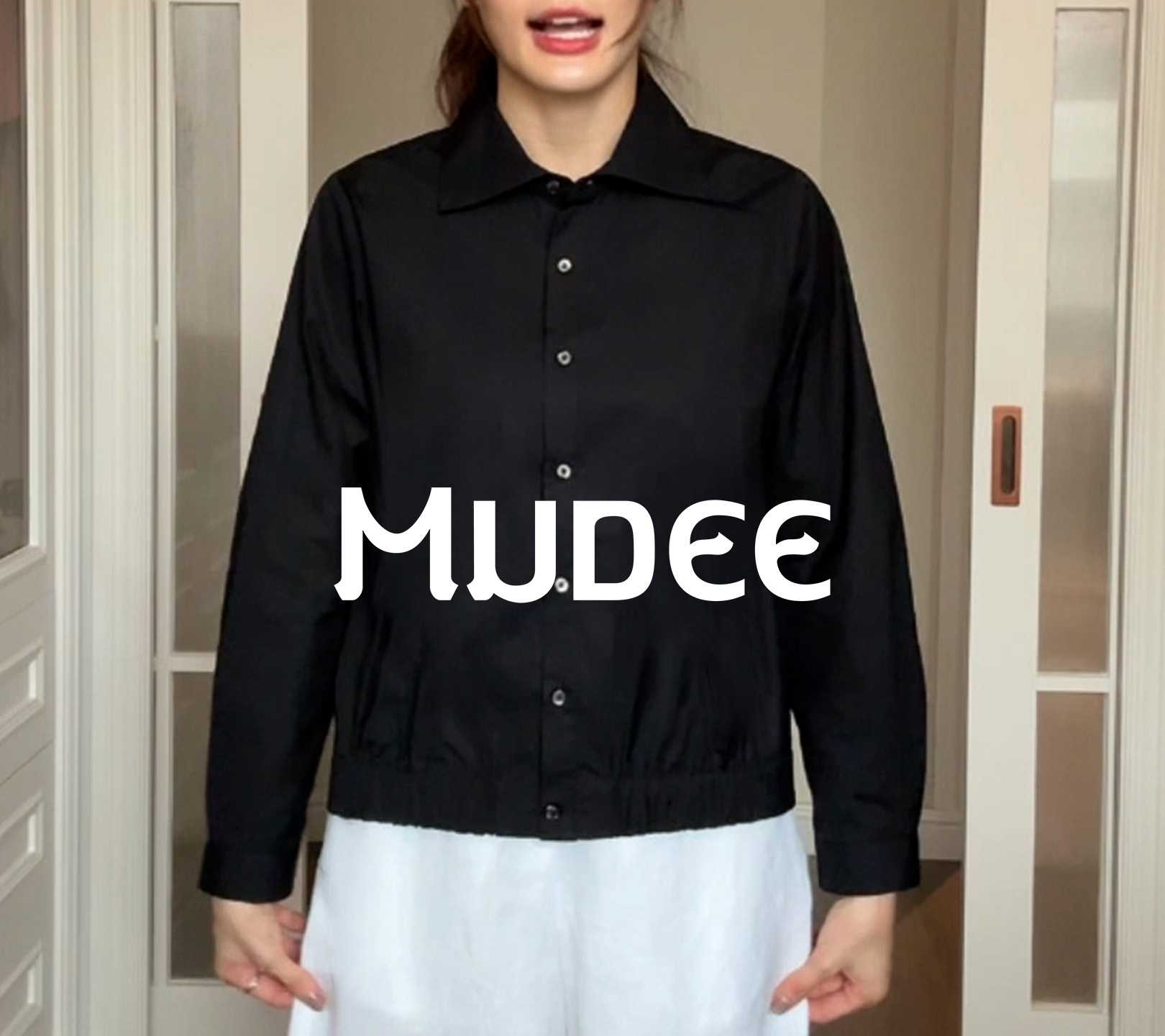 MUDEE เสื้อเชิ้ตคอตตอนแขนยาว จั๊มเอวหน้าสีดำ