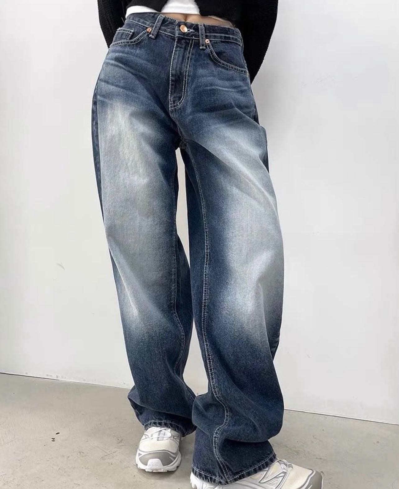 White straight loose wide jeans กางเกงยีนส์ขากระบอก