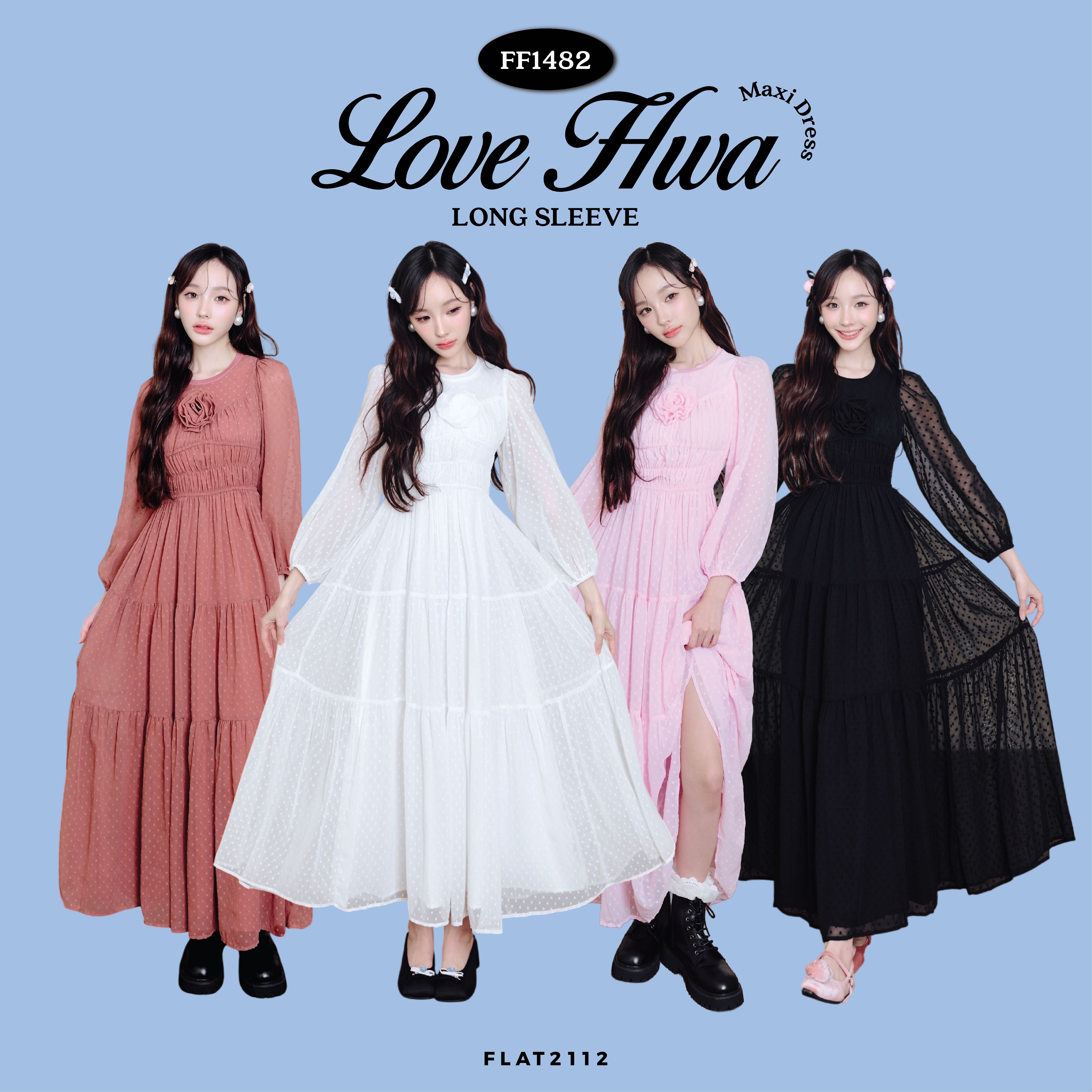 FLAT2112 : LOVE HWA MAXI DRESS (LONG SLEEVE) เดรสยาวแต่งดอกกุหลาบ เดรสคุณหนู (FF1482)