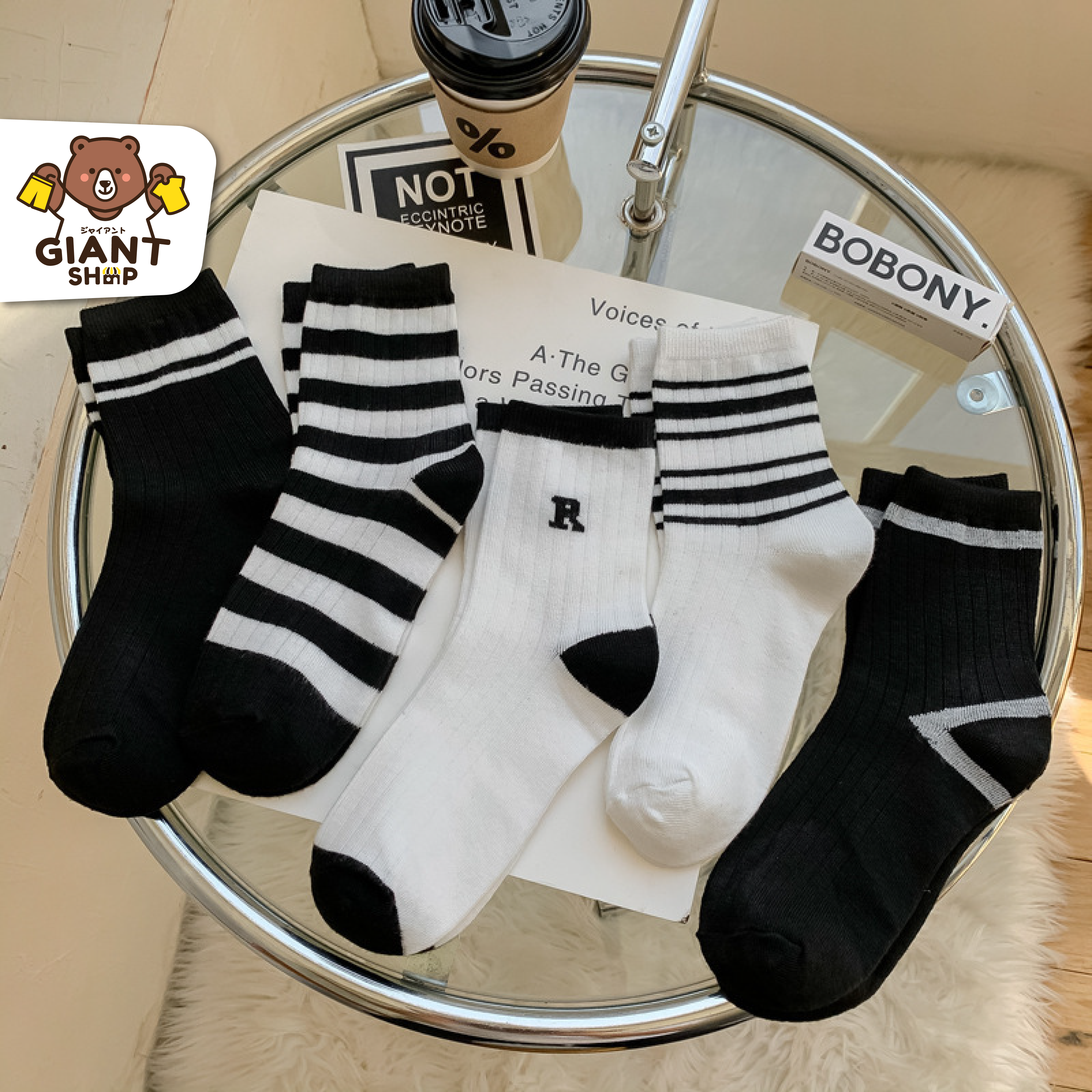 GIANTSHOP Socks ถุงเท้ายาวผู้หญิง โทนดำขาว (N-1426)