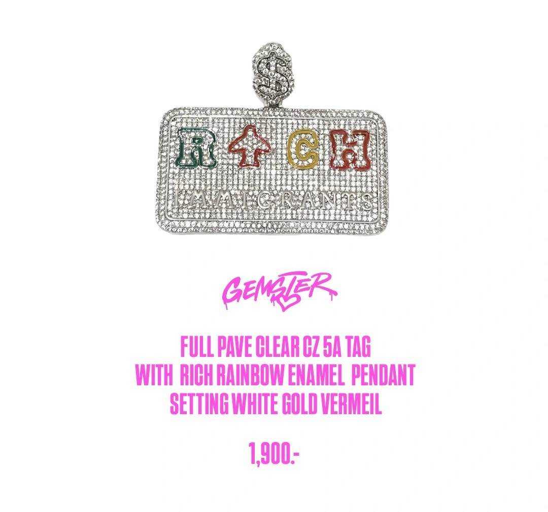 Full Pave Clear Cz 5A Tag with RRICH Rainbow Enamel Pendant