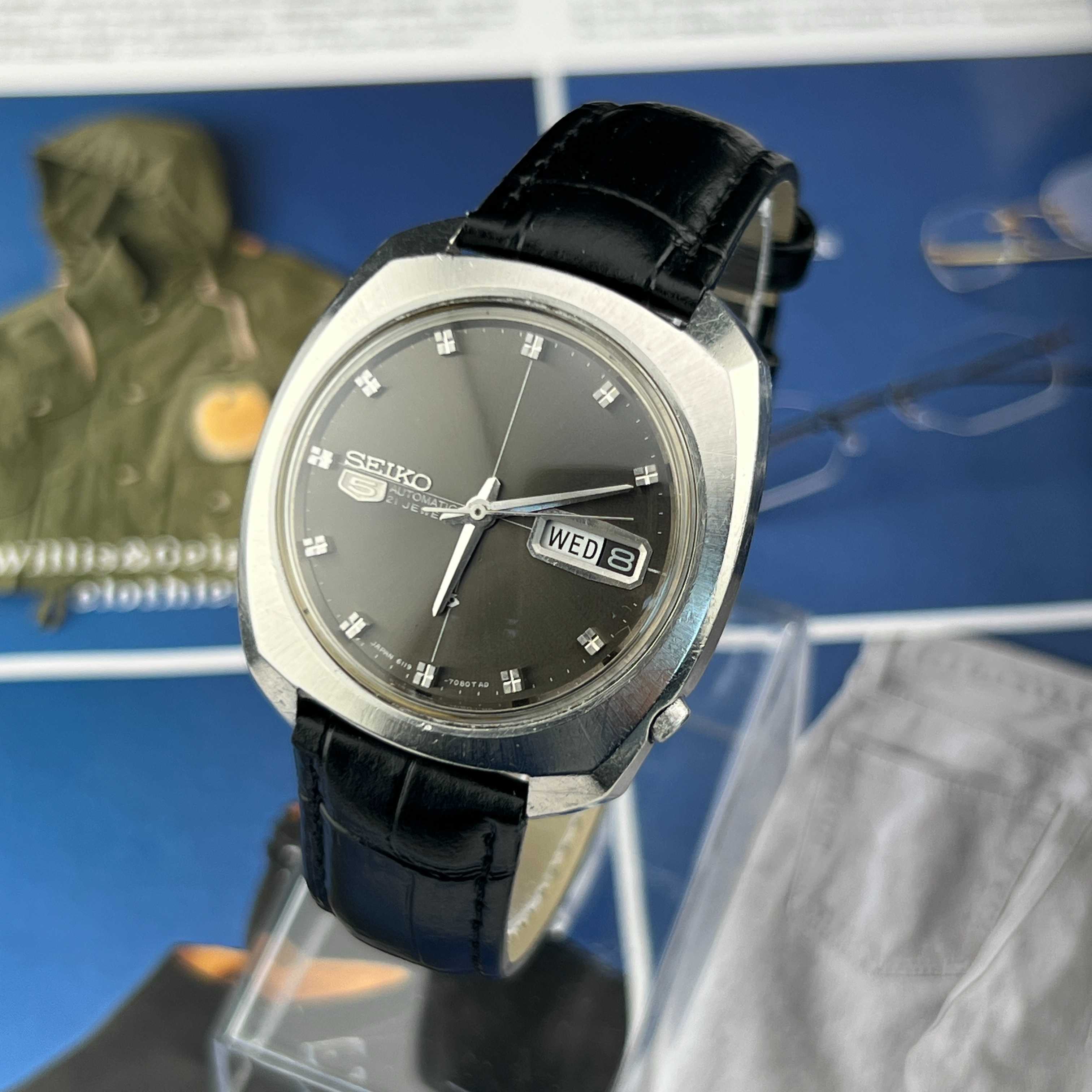 Vintage Seiko 5 Automatic 21Jewels Gray Sunburst Dial Ref.6119-7080 Days/Date Japan 1969