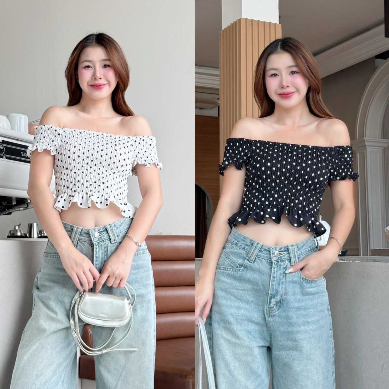 เสื้อปาดไหล่ลายจุด
