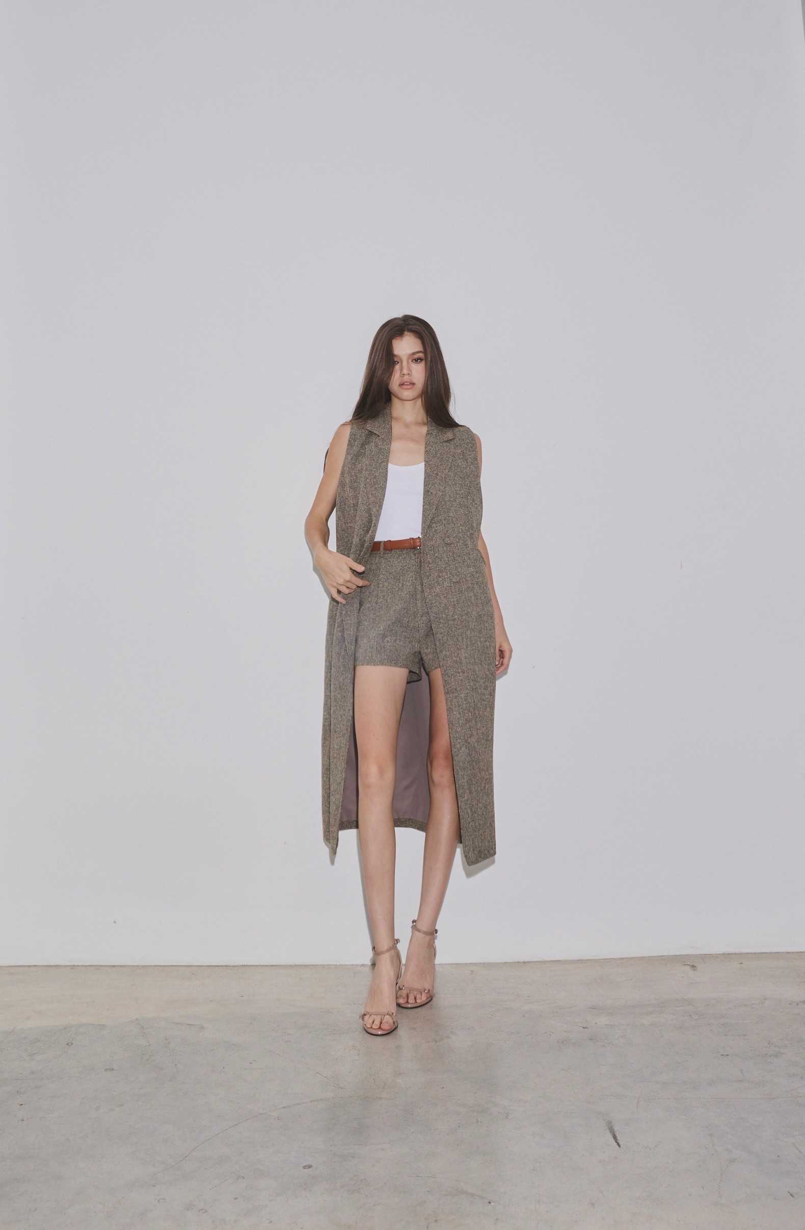 KOIR LONG VEST TWEED OLIVE GREY