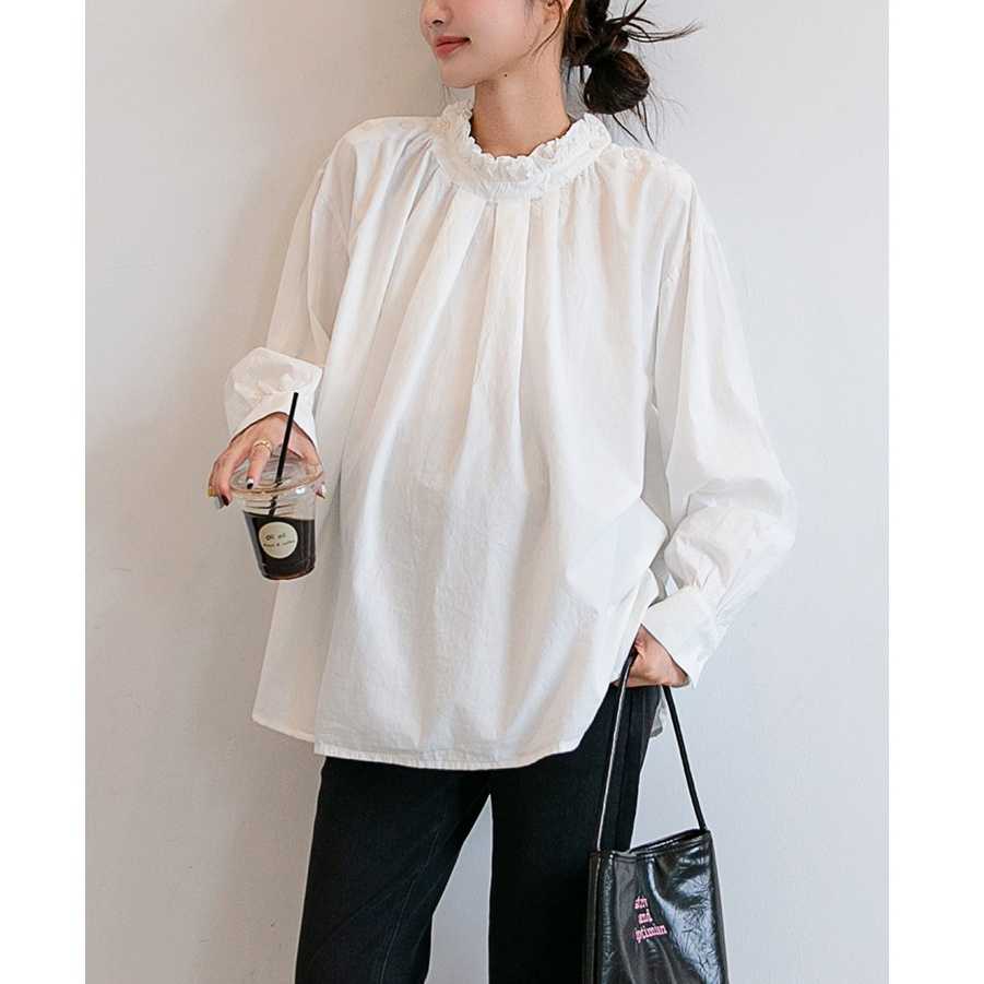เชิ้ตทรง oversize แบบเรียบเก๋น่ารักมากๆ ทรงปล่อยหลวม ผ้าคอตตอนเชิ้ตงานดีมาก - สีขาว