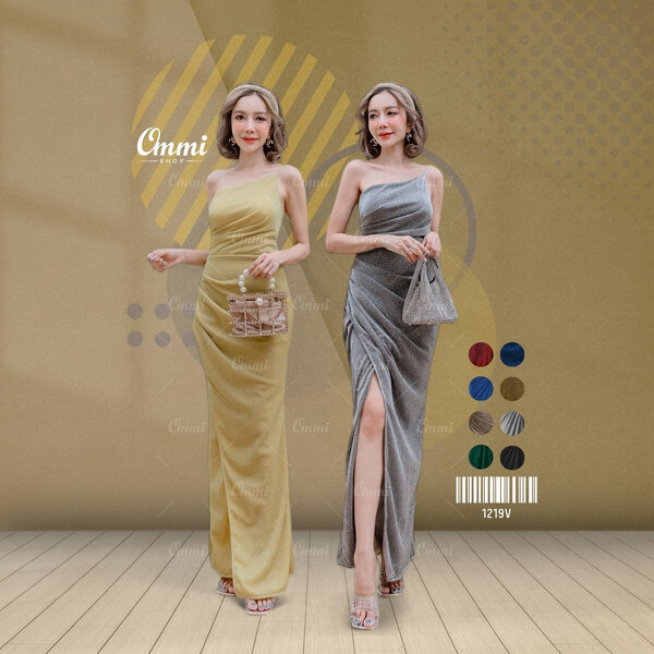 Ommishop ชุดราตรี 1219V ไหล่เดี่ยวสายเพชร ผ้าวิ้งเพชร เดรสออกงาน ชุดงานแต่ง เพื่อนเจ้าสาว