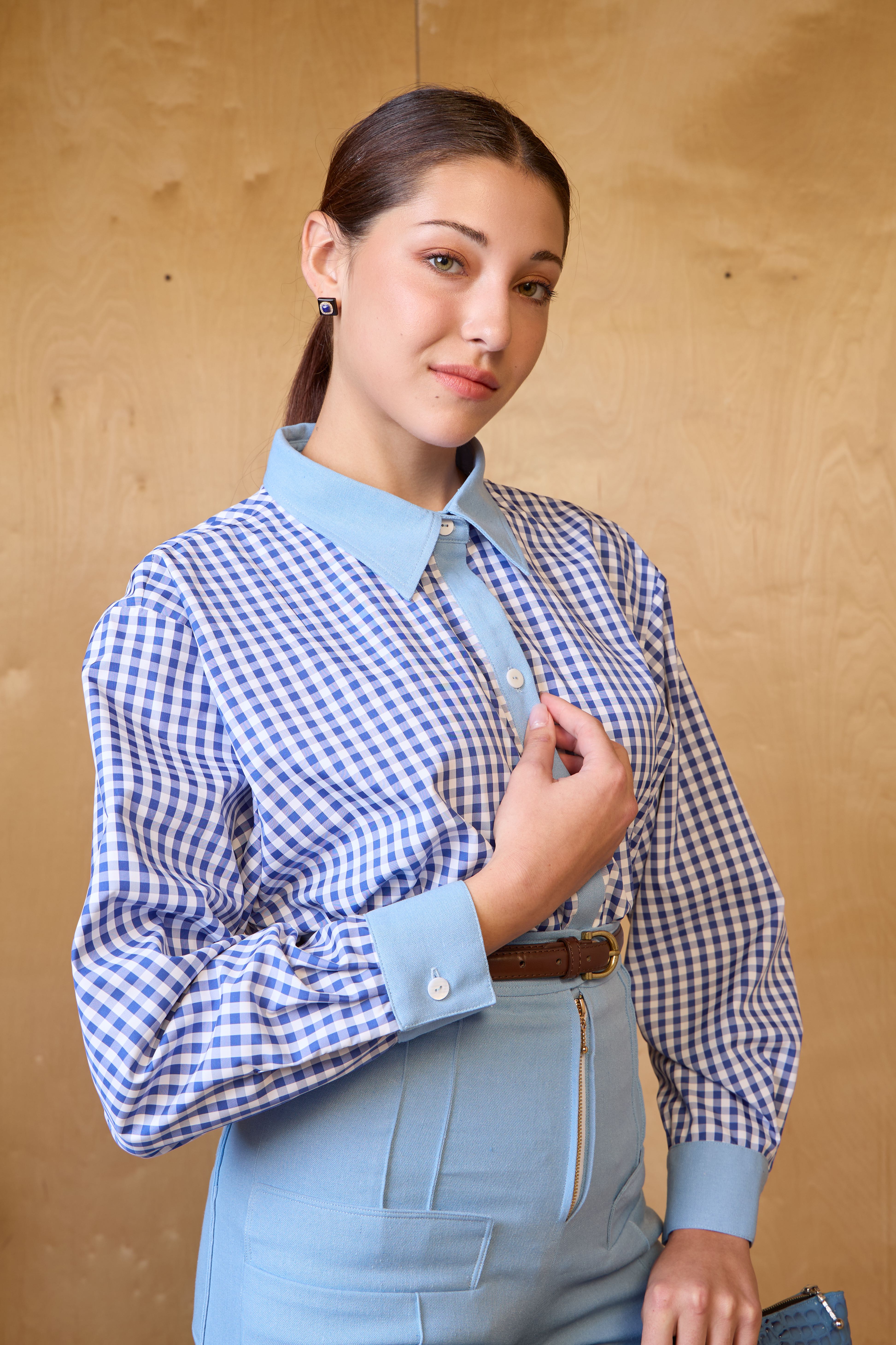 Gingham Check Shirt with Contrast Collar