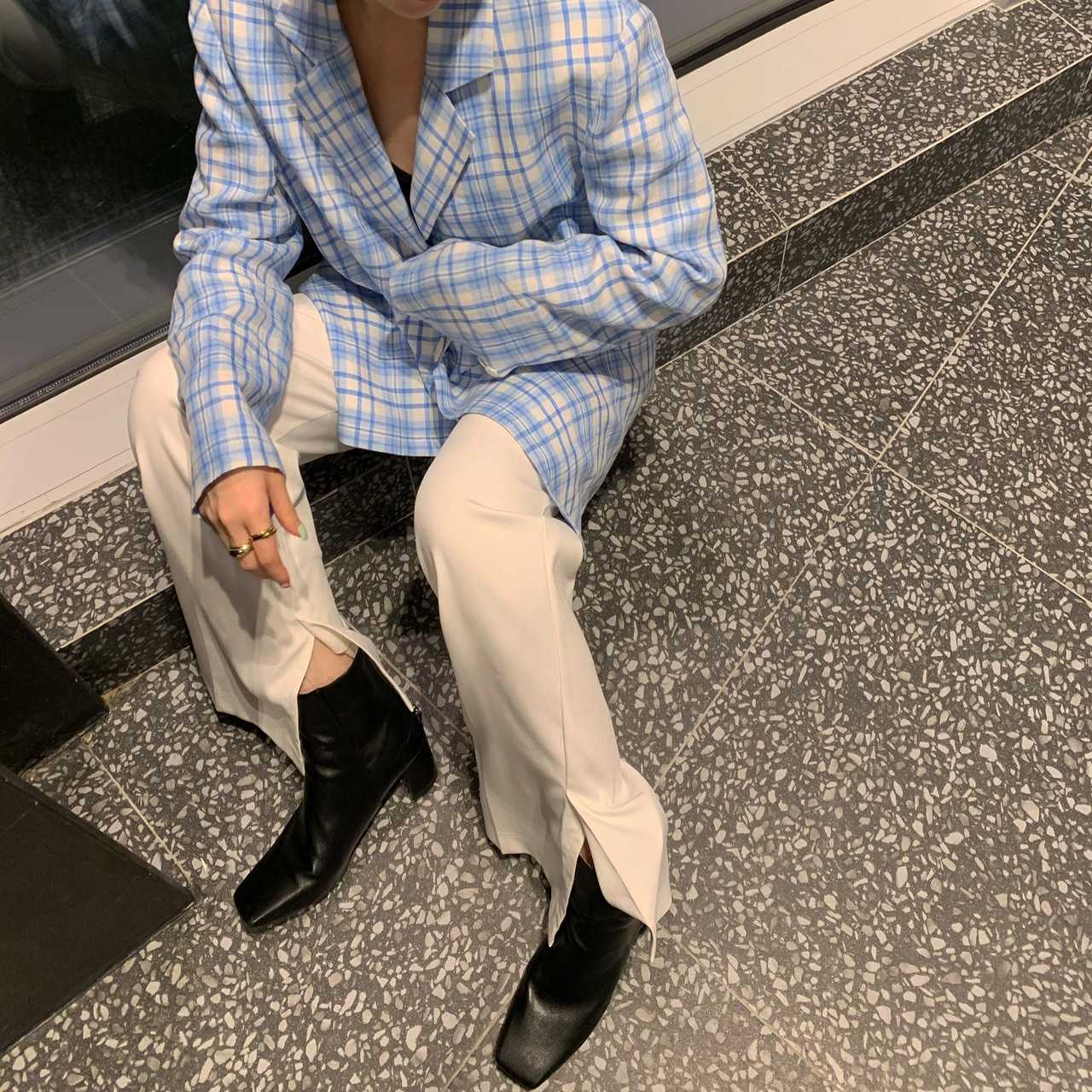Linen Longline Blazer - Blue Plaid