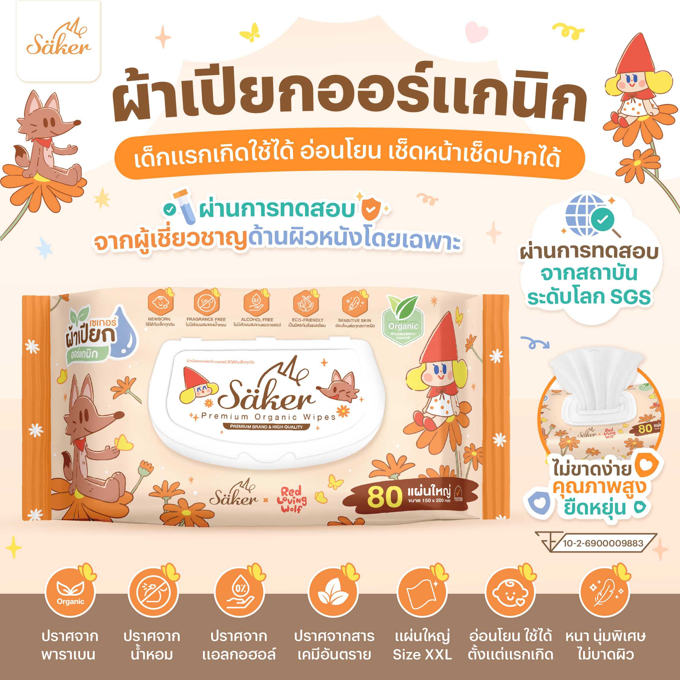 Saker ผ้าเปียกออร์แกนิก (เกรดทดสอบแพทย์ผิวหนัง) เด็กแรกเกิดใช้ได้ อ่อนโยนเช็ดหน้าเช็ดปากได้ แผ่นใหญ่