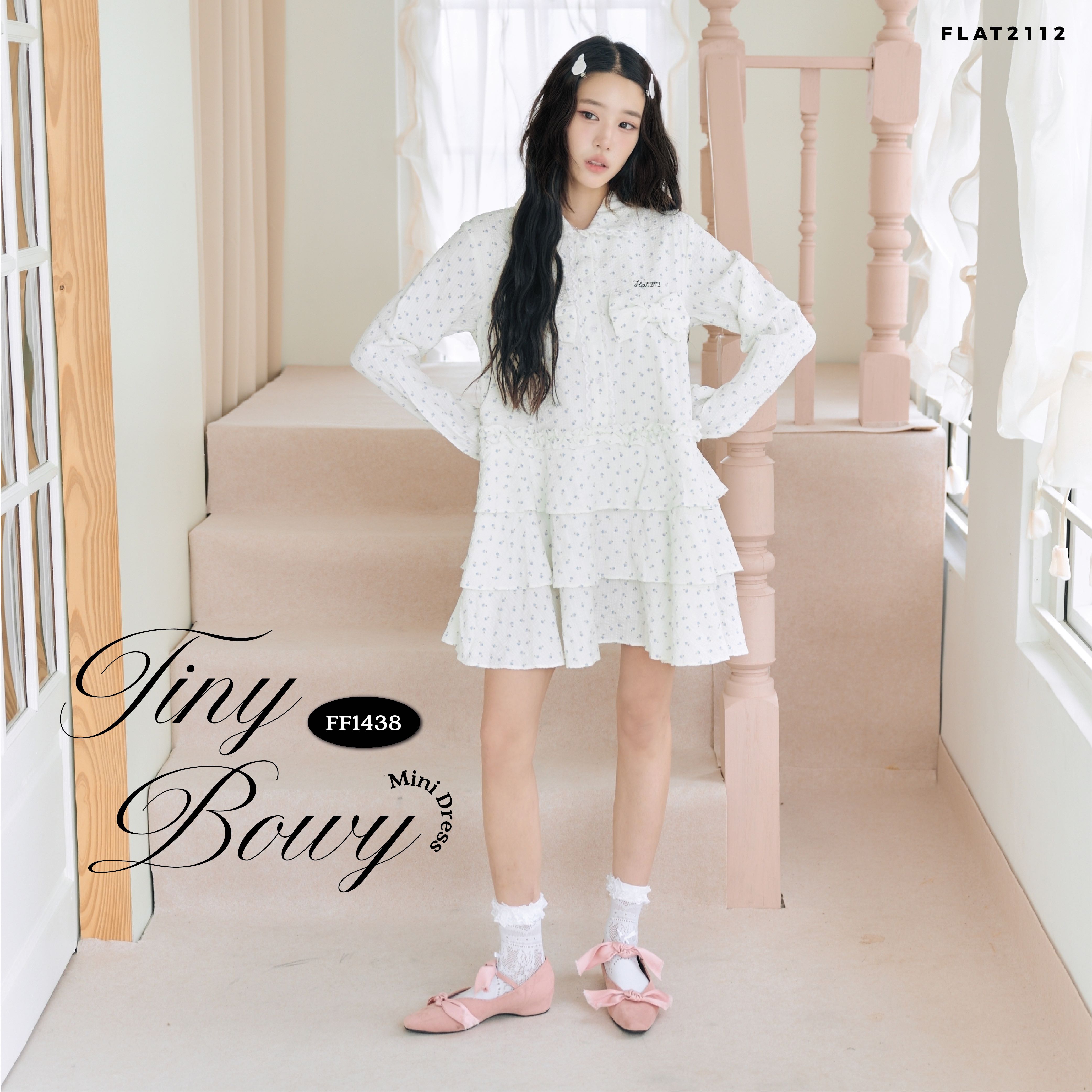 FLAT2112 : TINY BOWY MINI DRESS เดรสสั้นลายดอกไม้คอปกเชิ้ต เดรสคอปกแขนยาวแต่งโบว์ (FF1438)