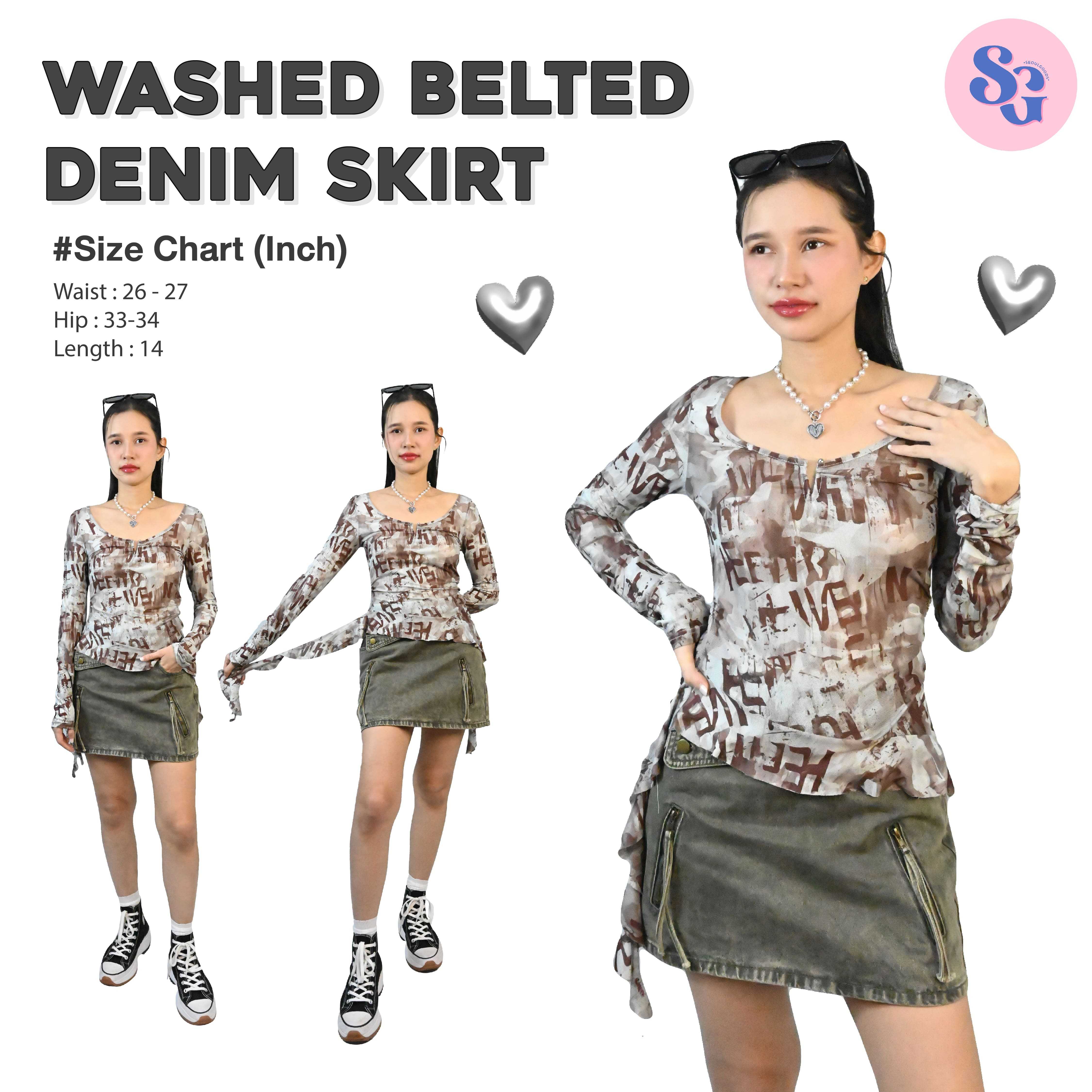 (พร้อมส่ง) Washed belted denim skirt กระโปรงยีนส์สั้น