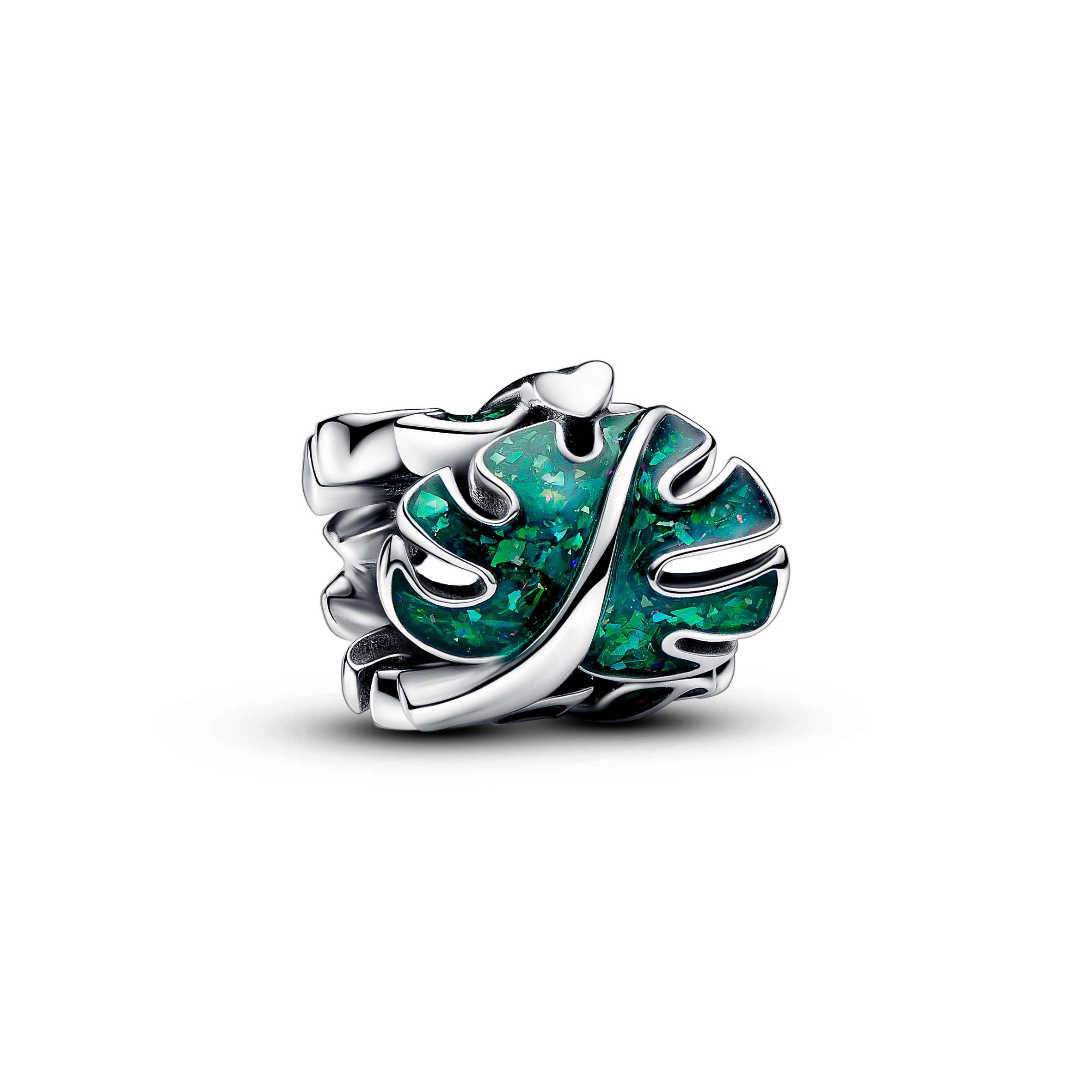 Monstera leave sterling silver charm with holographic glittery green enamel