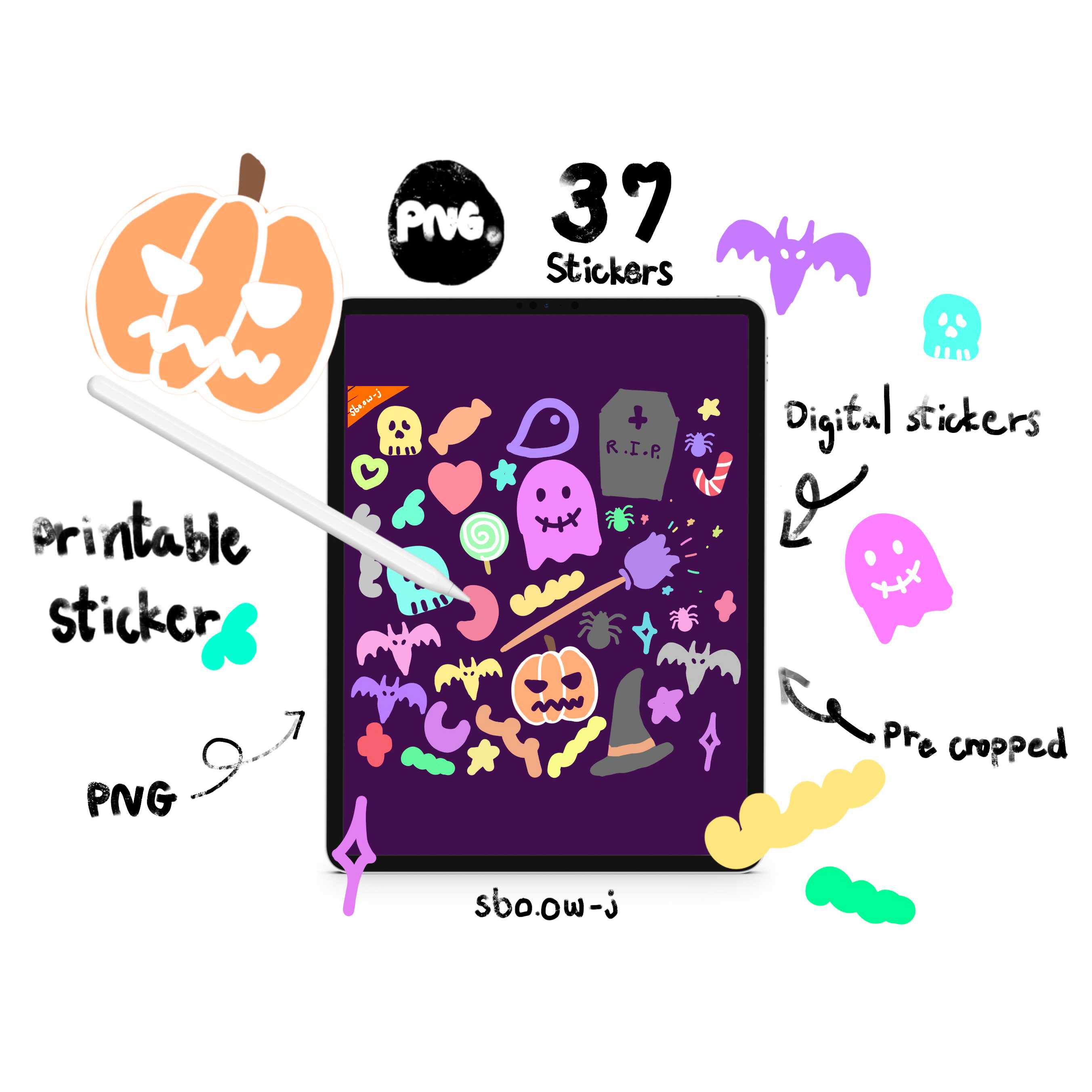 37 ชิ้น สติ๊กเกอร์ดิจิตอลฮาลาวีนสุดคิ้ว/แต่งแพลนเนอร์ GOODNOTES,Keynote,Planner,น่ารัก,PNG