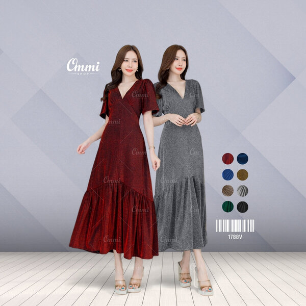 Ommishop ชุดราตรี 1788V แขนสั้นคอวี ผ้า Glitter เดรสออกงาน ชุดงานแต่ง เพื่อนเจ้าสาว