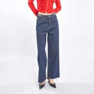 กางเกงยีนส์ทรงขากว้าง | Wide Leg Denim Trousers with Lion Head Buckle | 06383